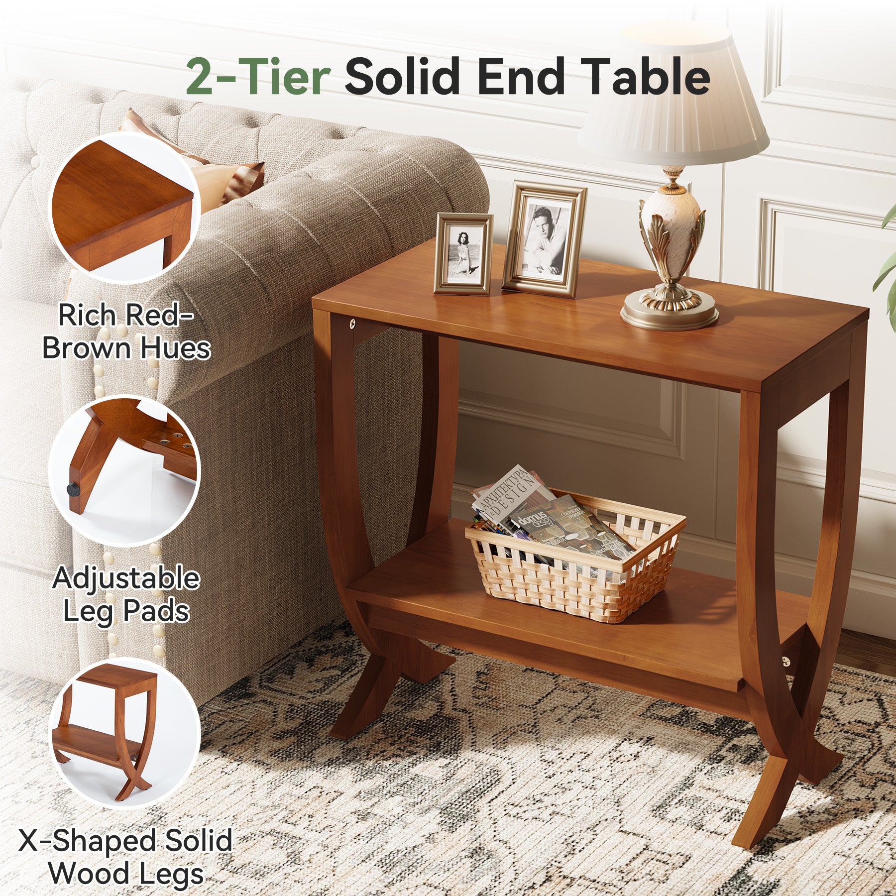 Solid  Wood End Table, 2-Tier Couch Side Table with Arched Legs