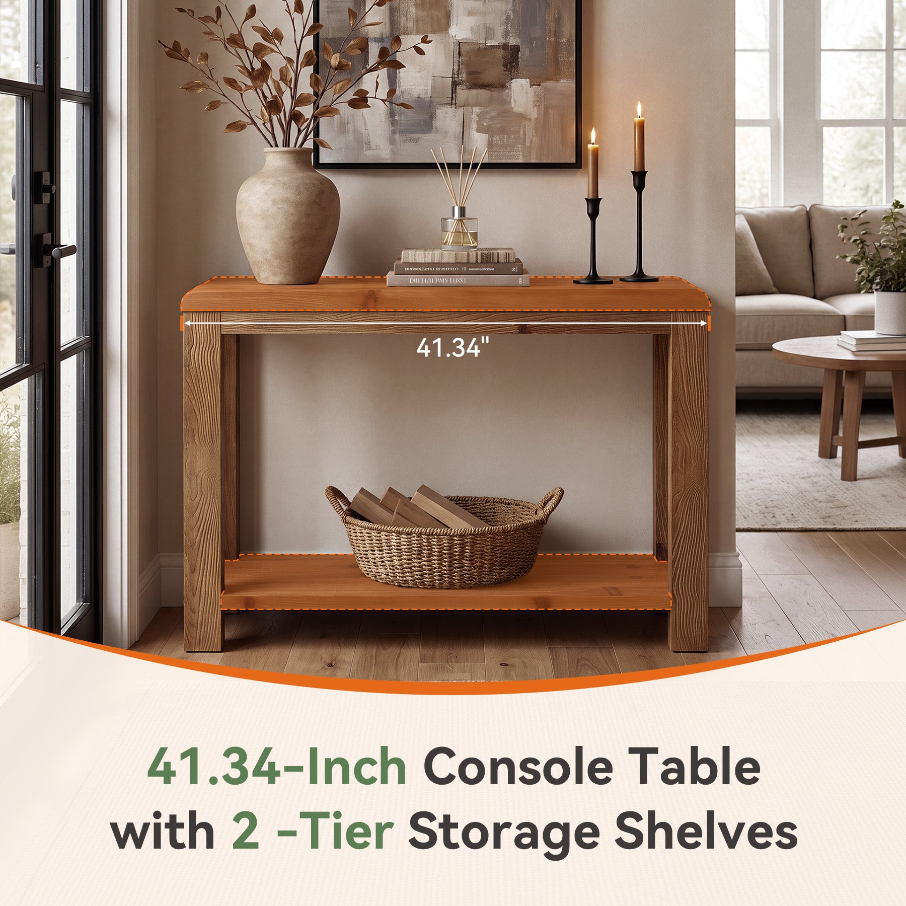 41.3" Solid Wood Console Table with 2-Tier Shelves, Farmhouse Entryway Sofa Table for Hallway