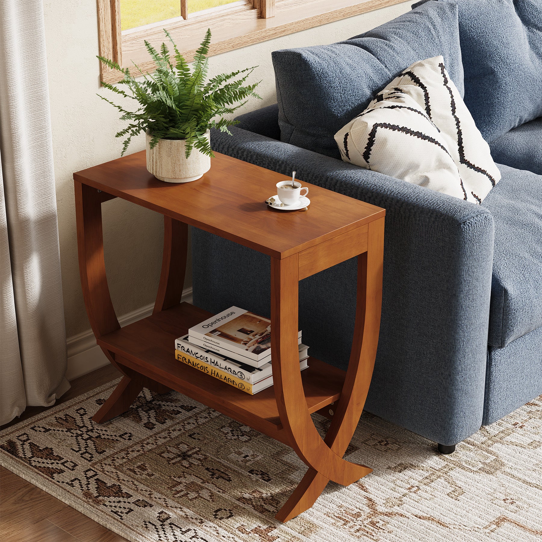 Solid Wood End Table, 2-Tier Couch Side Table with Arched Legs