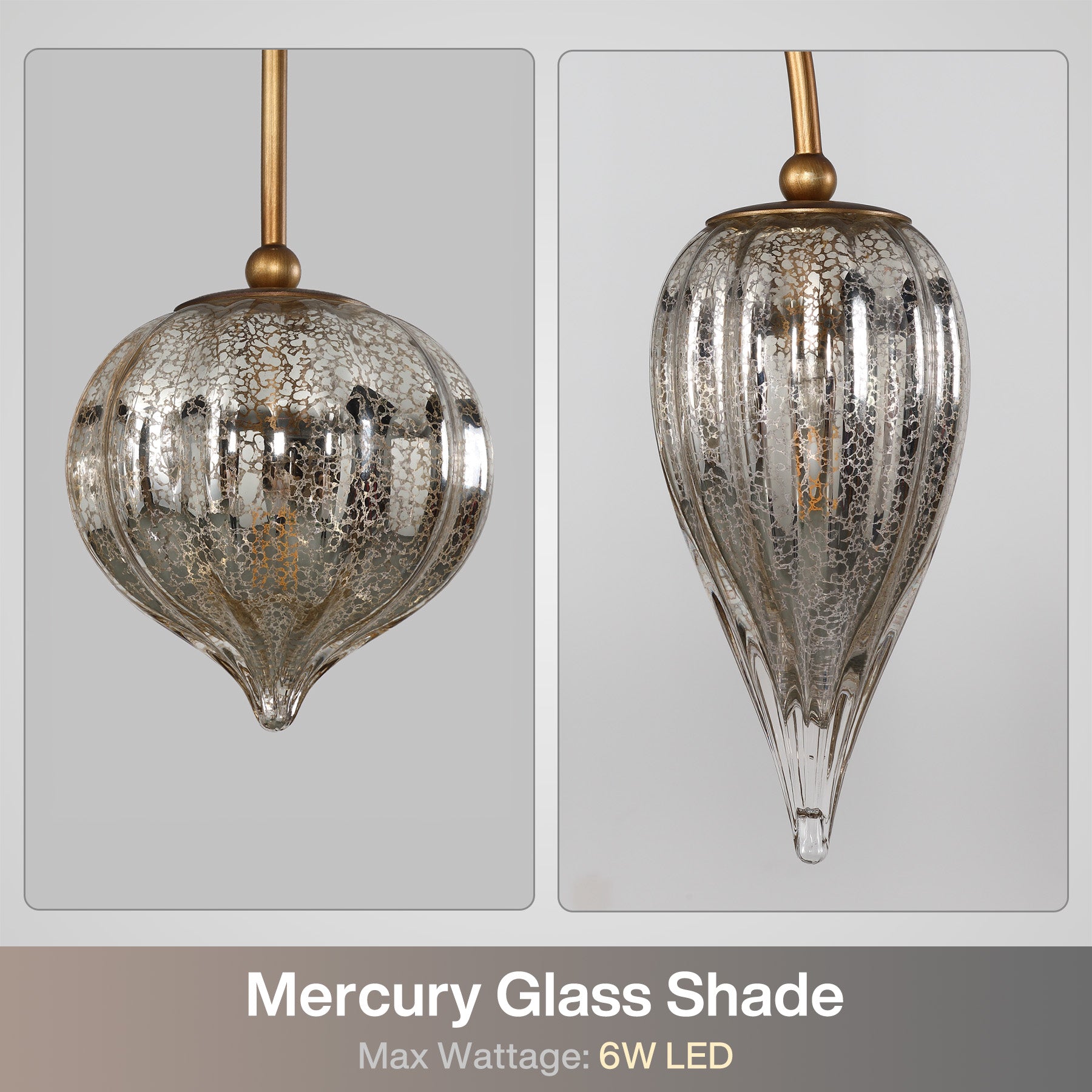 6-Light Brass Chandelier, Modern Pendant Lighting with Mixed Round & Teardrop Mercury Glass