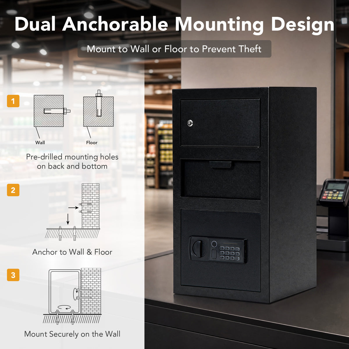 5.8 Cuft Biometric Depository Drop Safe for Business, Heavy‑Duty Steel Fingerprint Cash Safe Box