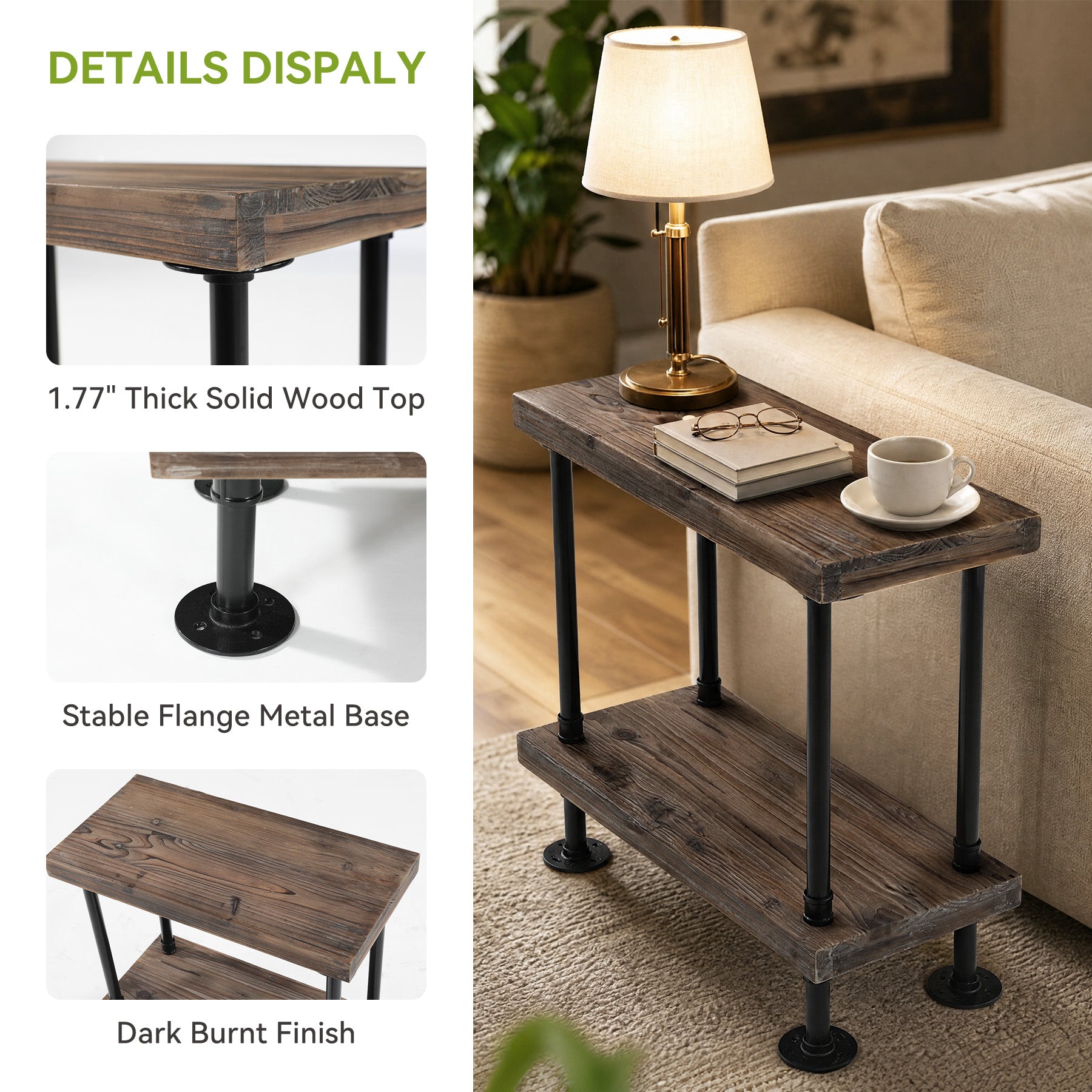 2-Tier Solid Wood End Table, Rectangle Side Table with Open Shelves & Metal Frame