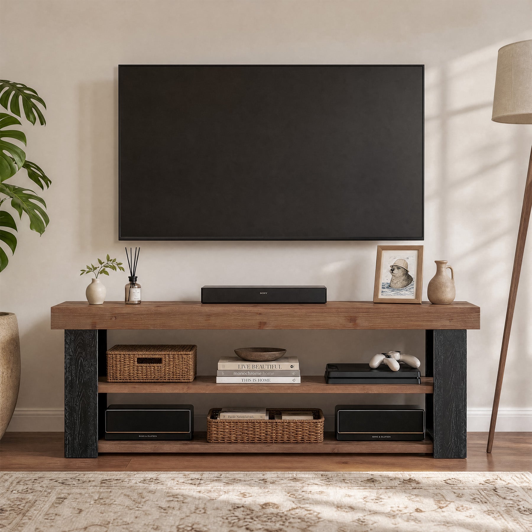 63" TV Stand for 65/70" TVs, Farmhouse Solid Wood Media Console, Entertainment Center