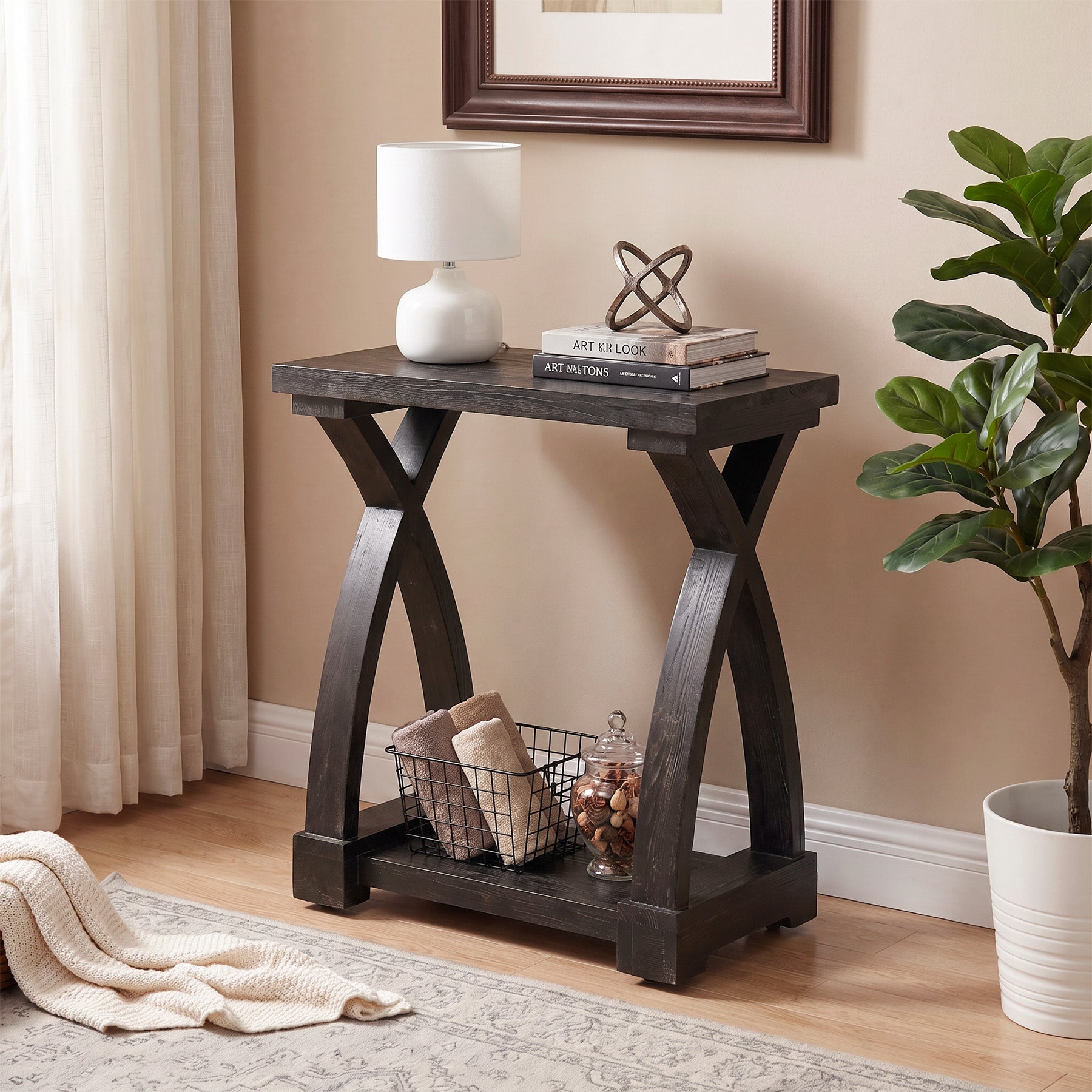23.62" Solid Wood End Table, 2-Tier Side Table with Curved X-Frame for Small Spaces