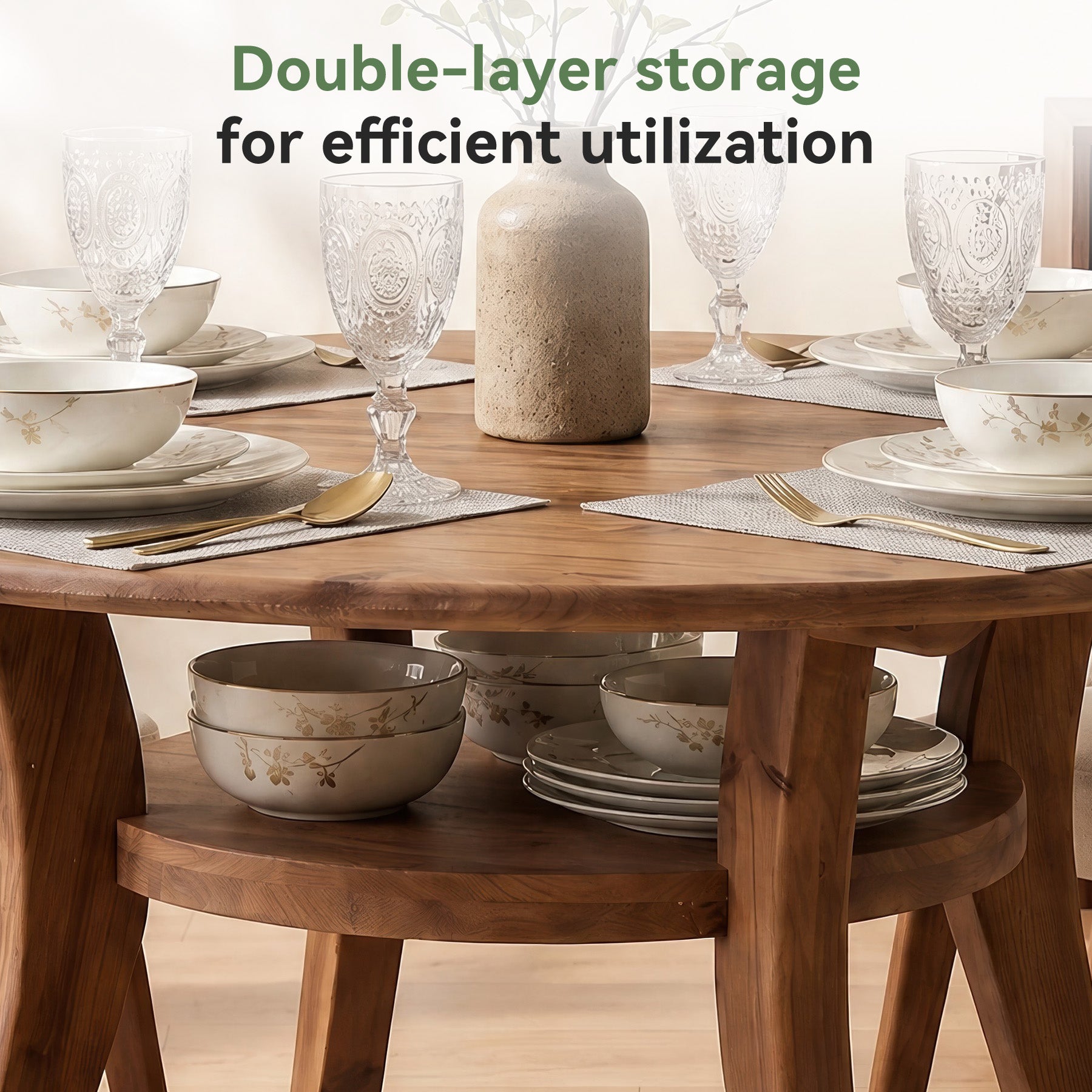 47" Round Dining Table with Storage Shelf, Solid Wood Kitchen Table, 2-Tier