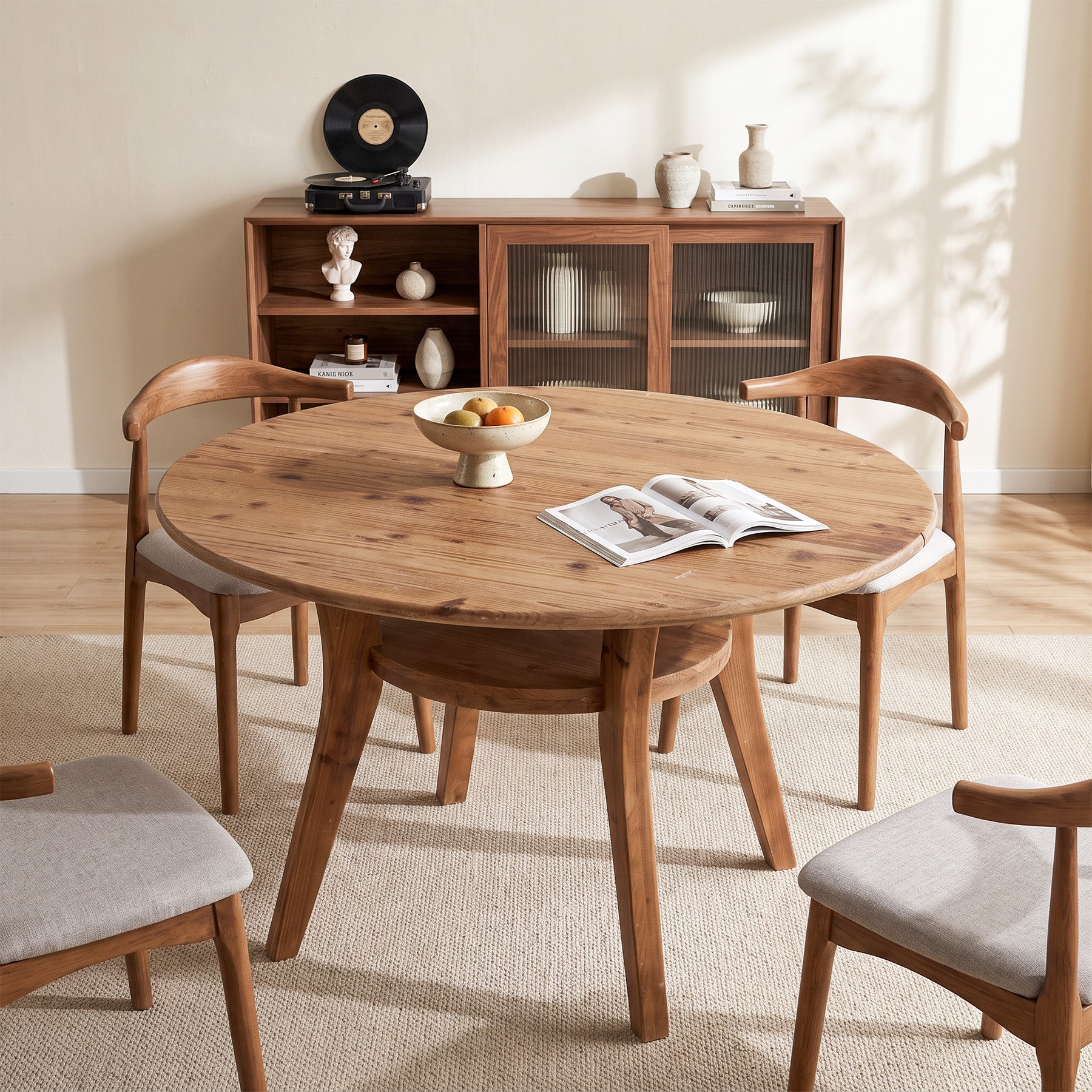 47" Round Dining Table with Storage Shelf, Solid Wood Kitchen Table, 2-Tier