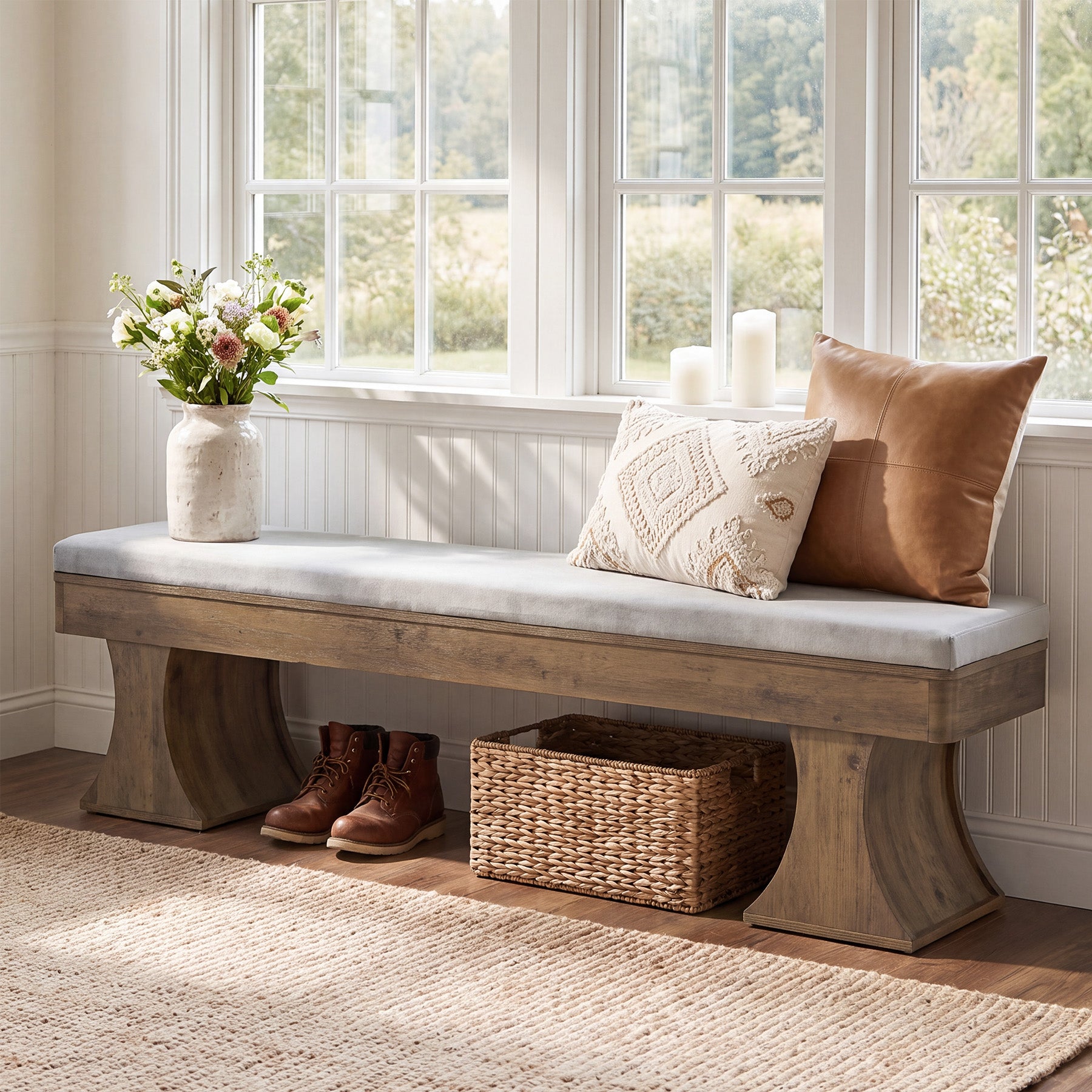 63.39" Entryway Bench with Cushion, Farmhouse Dining Bench for Hallway, Kitchen