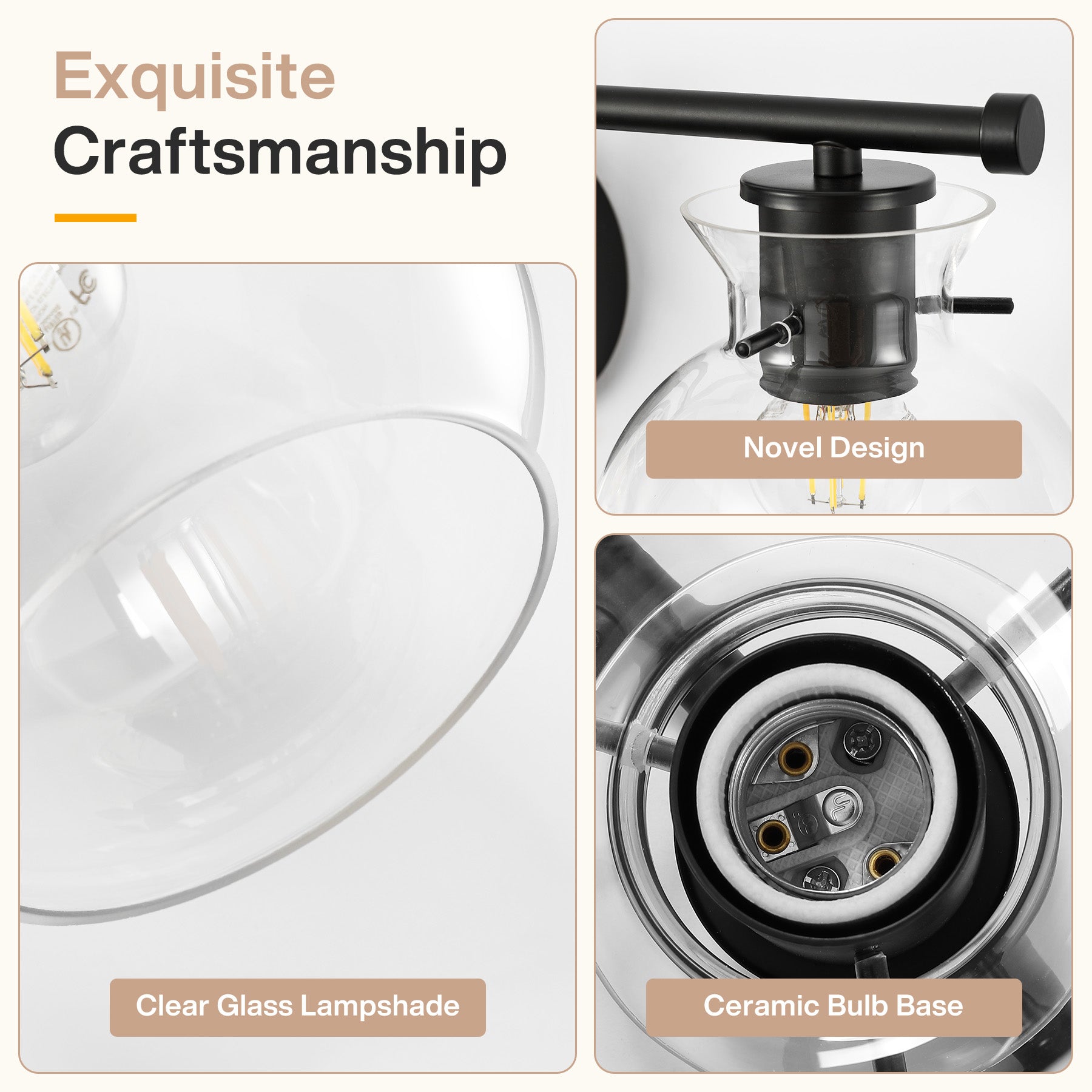 3-Light Bathroom Vanity Light, Modern Wall Light Fixture with Clear Glass Shades