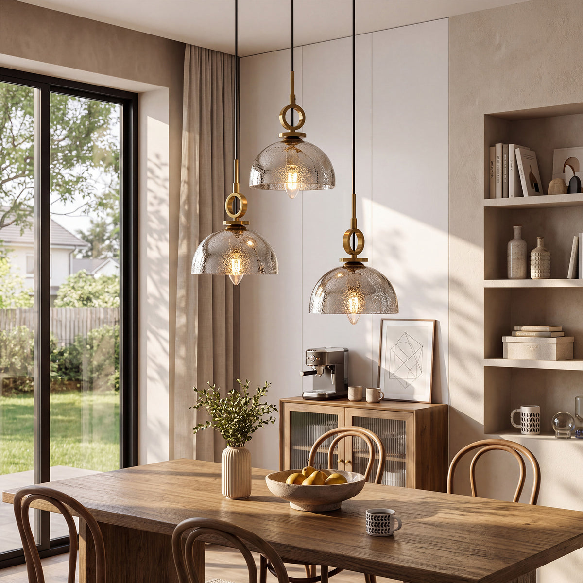 3-Light Modern Gold Dome Pendant Light, Crackle Glass Shade