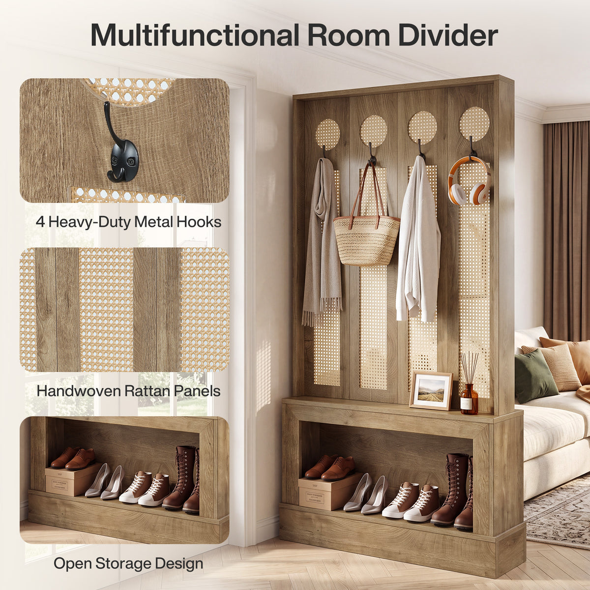 69.7" Wall Room Divider with LED Light, Rattan Room Partition with Shelves & 4 Hooks for Living Room
