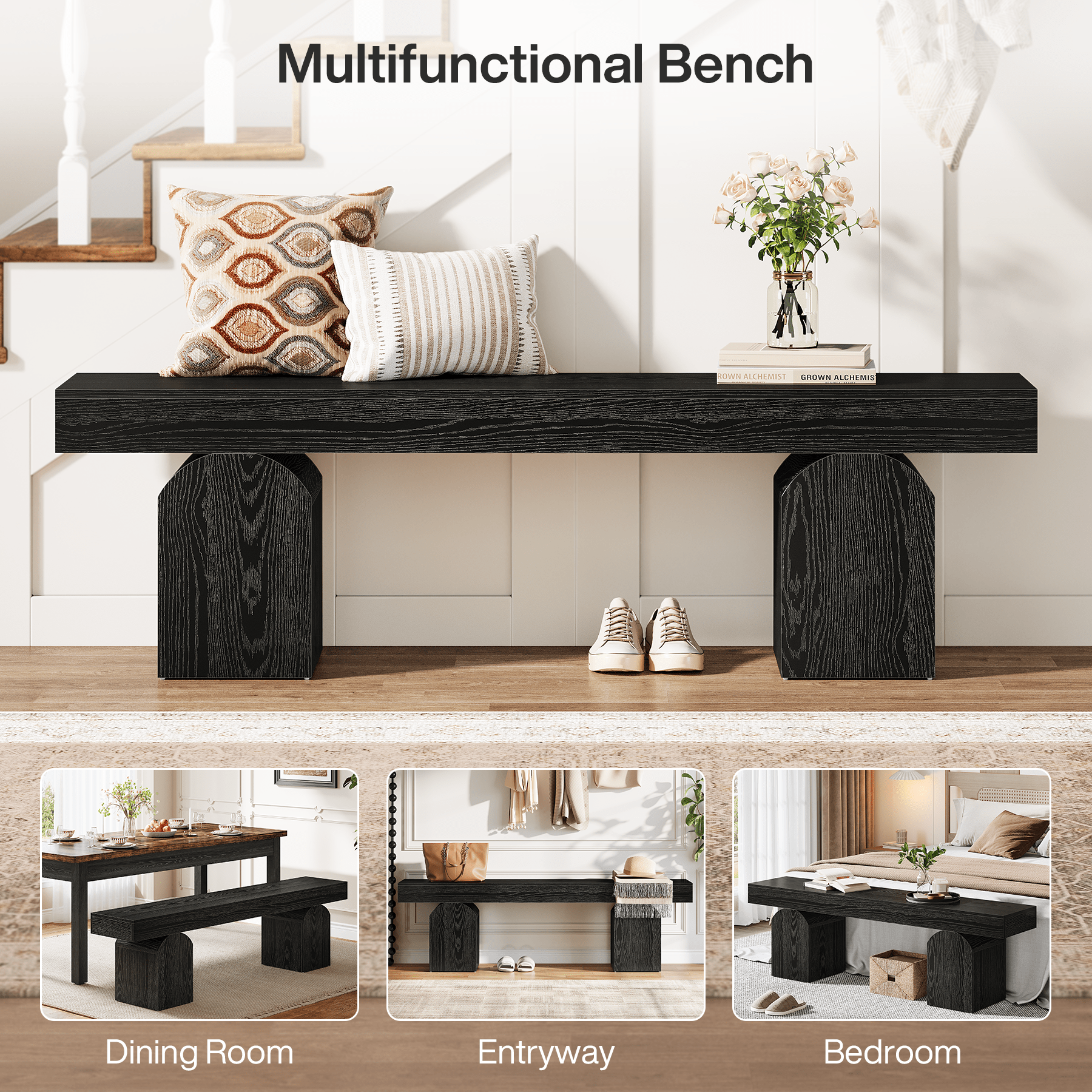 59" Entryway Bench, Long Shoe Bench with Arched Bases