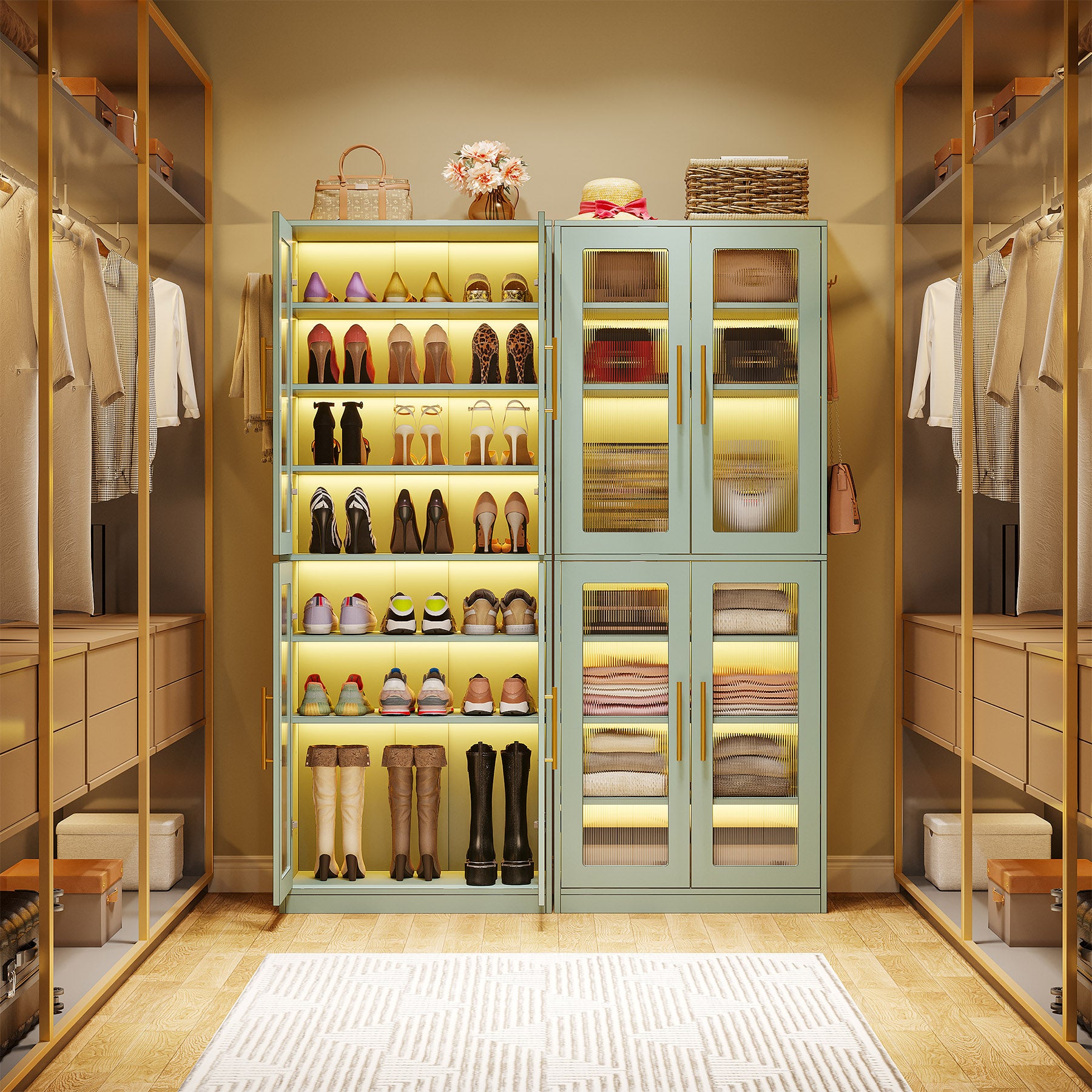 66.9" Tall Shoe Storage Cabinet, 8-Tier Entryway Shoe Organizer Rack with Acrylic Doors and LED Lights