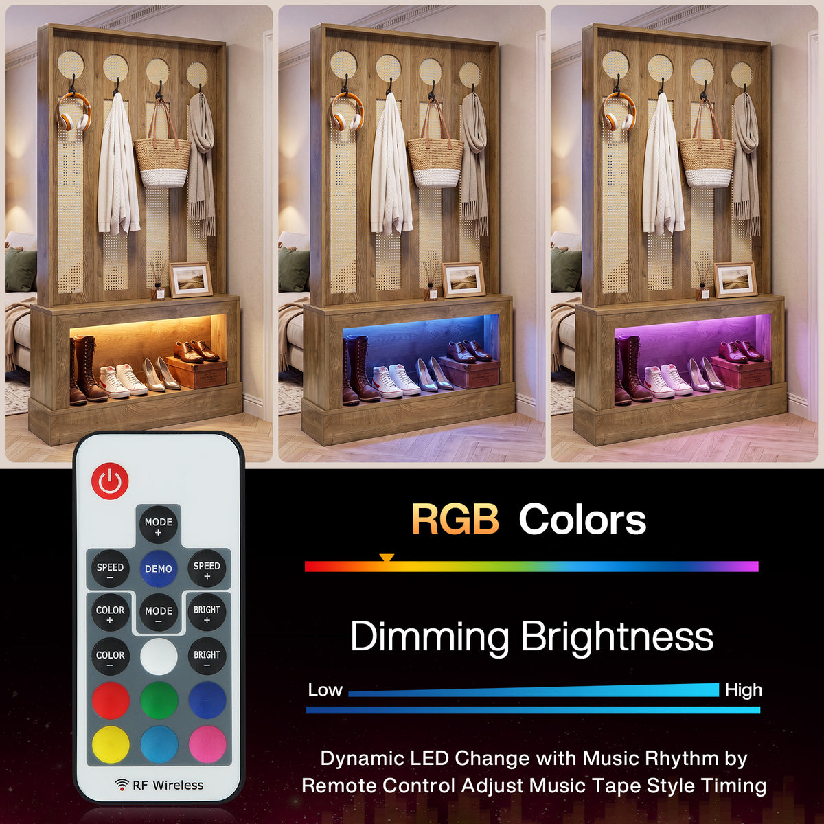69.7" Hall Tree with Shoe Storage, Rattan Coat Rack with LED Light, 4 Hooks for Hallway