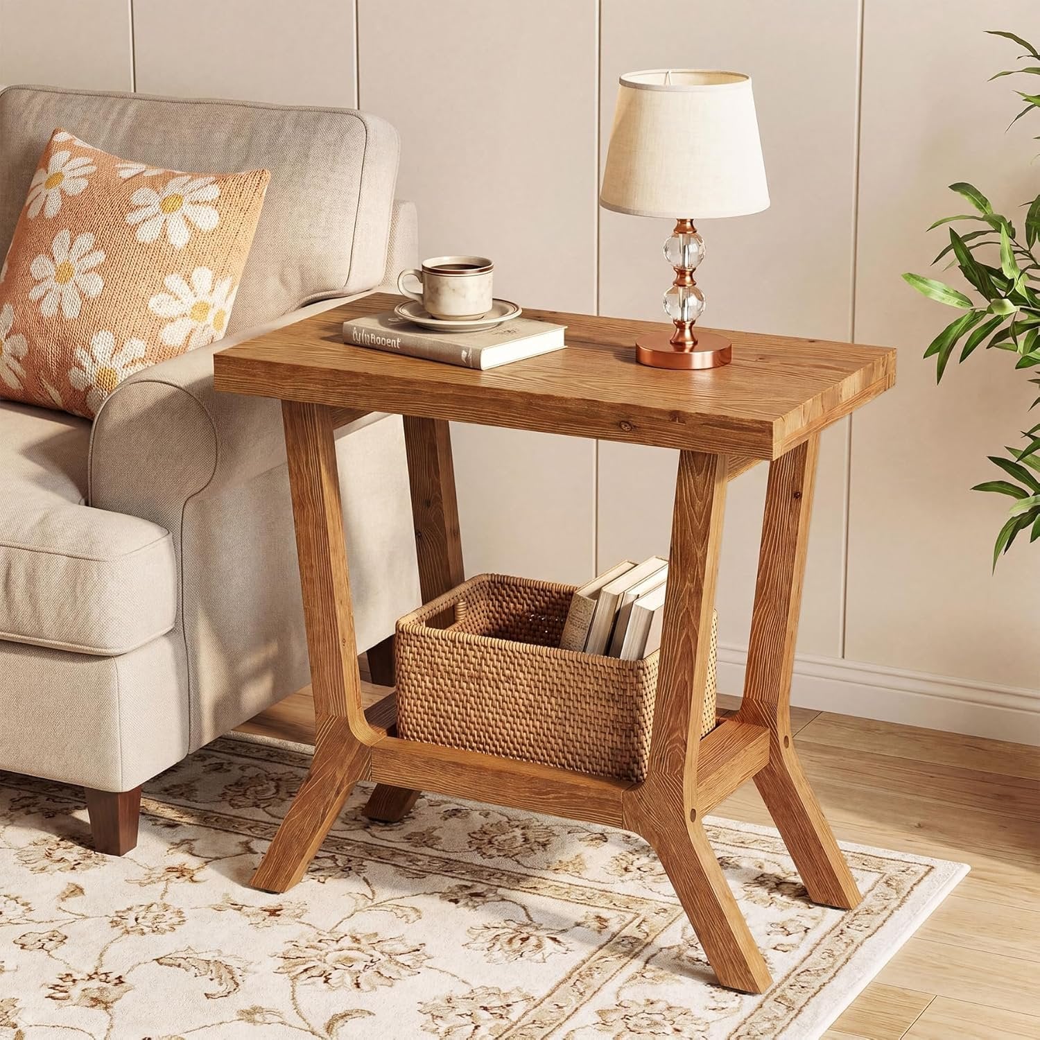 23.62" Solid Wood End Table, Small 2-tier Side Table with Storage for Living Room