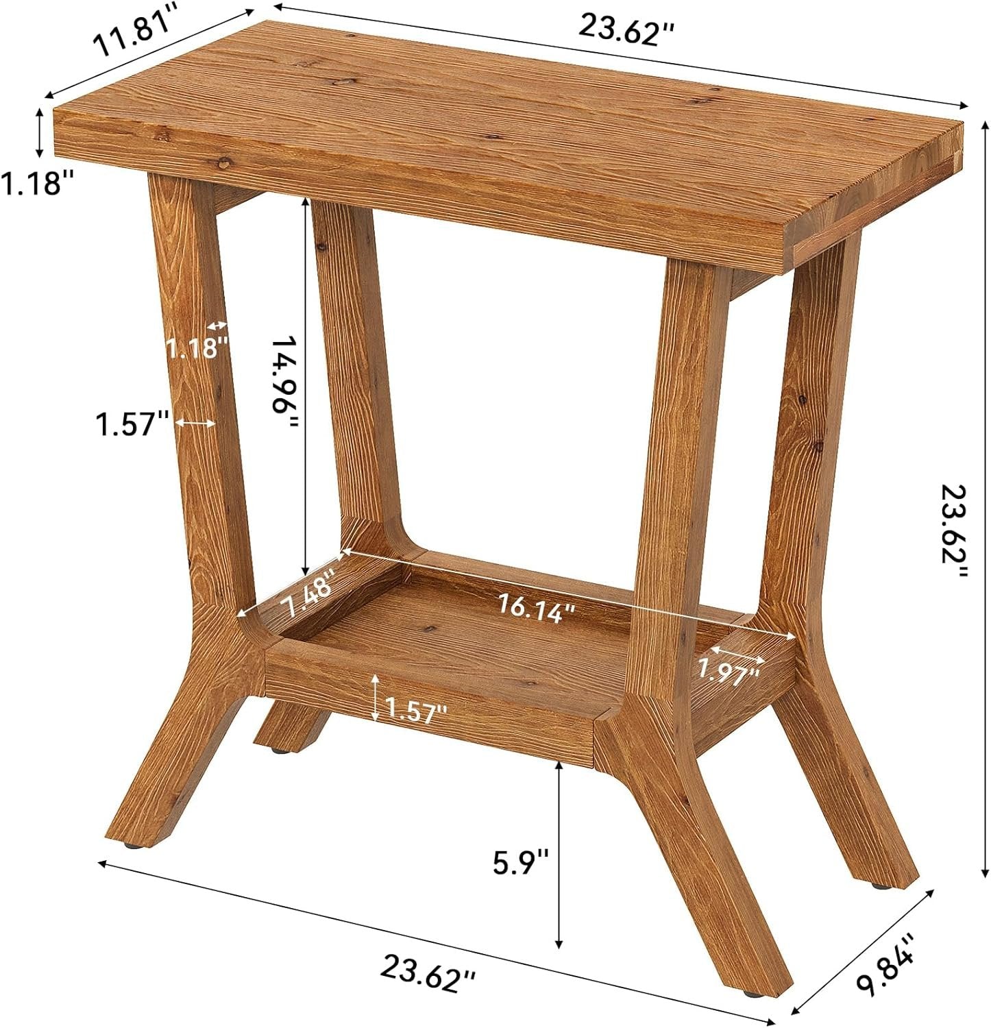 23.62" Solid Wood End Table, Small 2-tier Side Table with Storage for Living Room