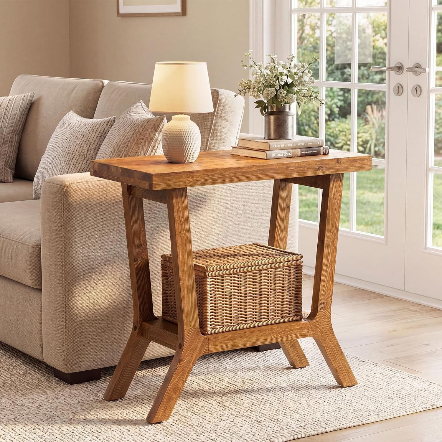 23.62" Solid Wood End Table, Small 2-tier Side Table with Storage for Living Room