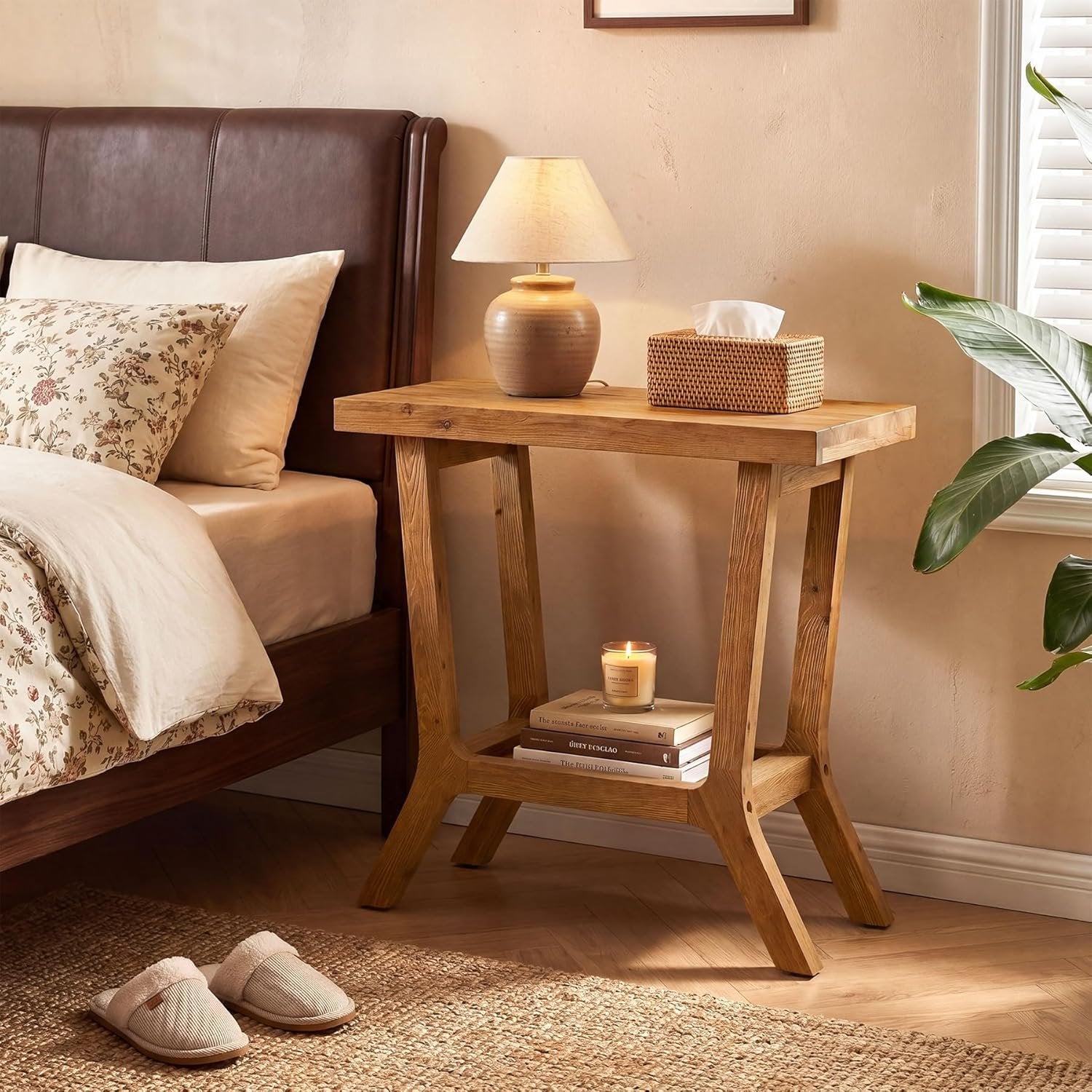 23.62" Solid Wood End Table, Small 2-tier Side Table with Storage for Living Room