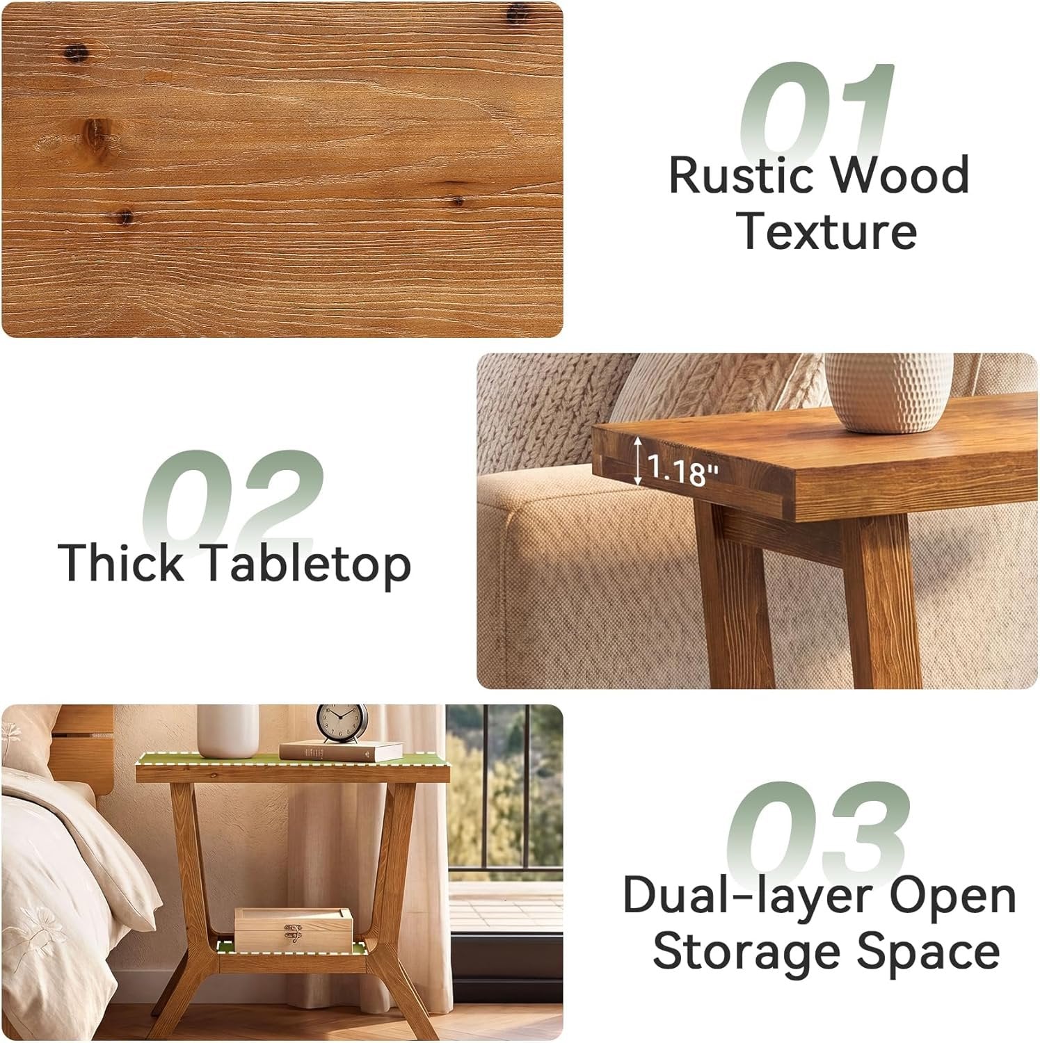 23.62" Solid Wood End Table, Small 2-tier Side Table with Storage for Living Room
