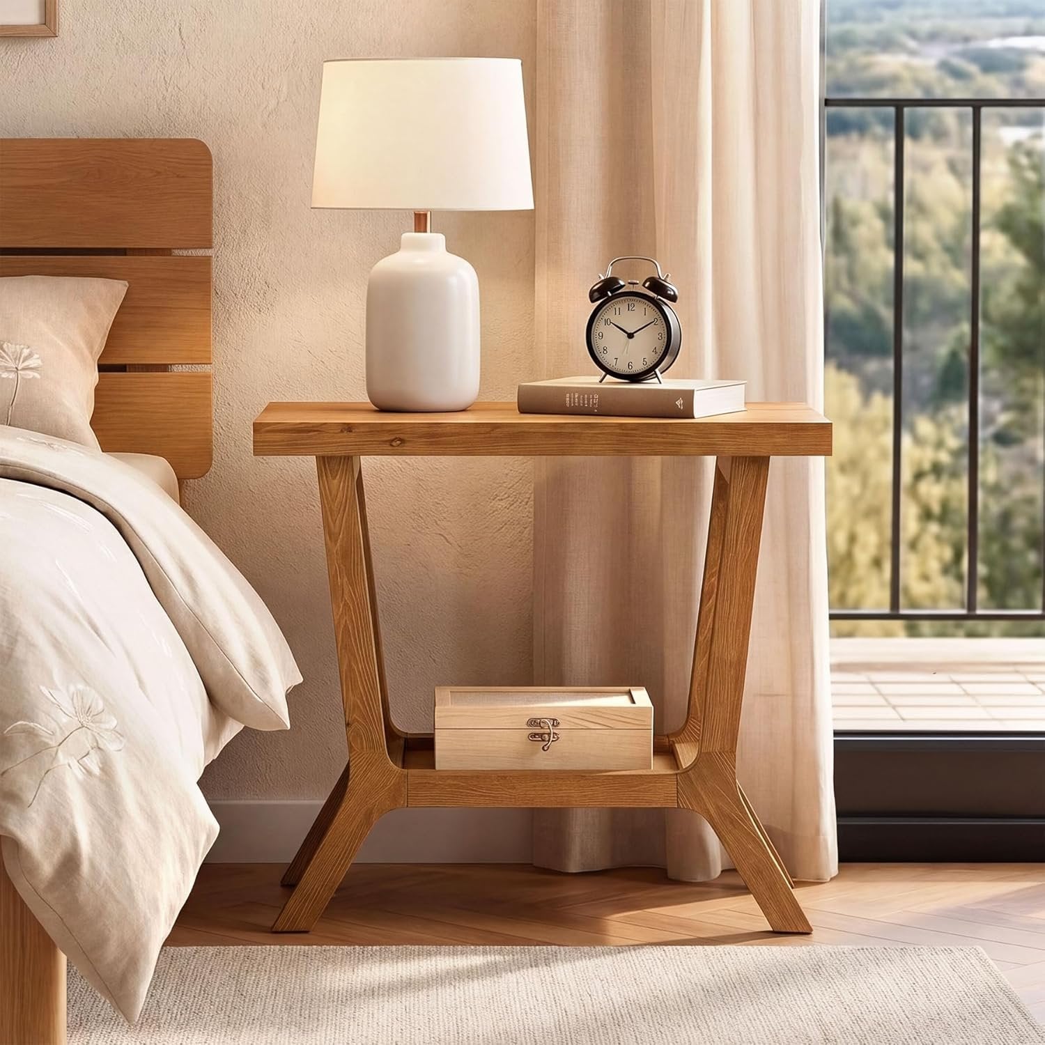 23.62" Solid Wood End Table, Small 2-tier Side Table with Storage for Living Room