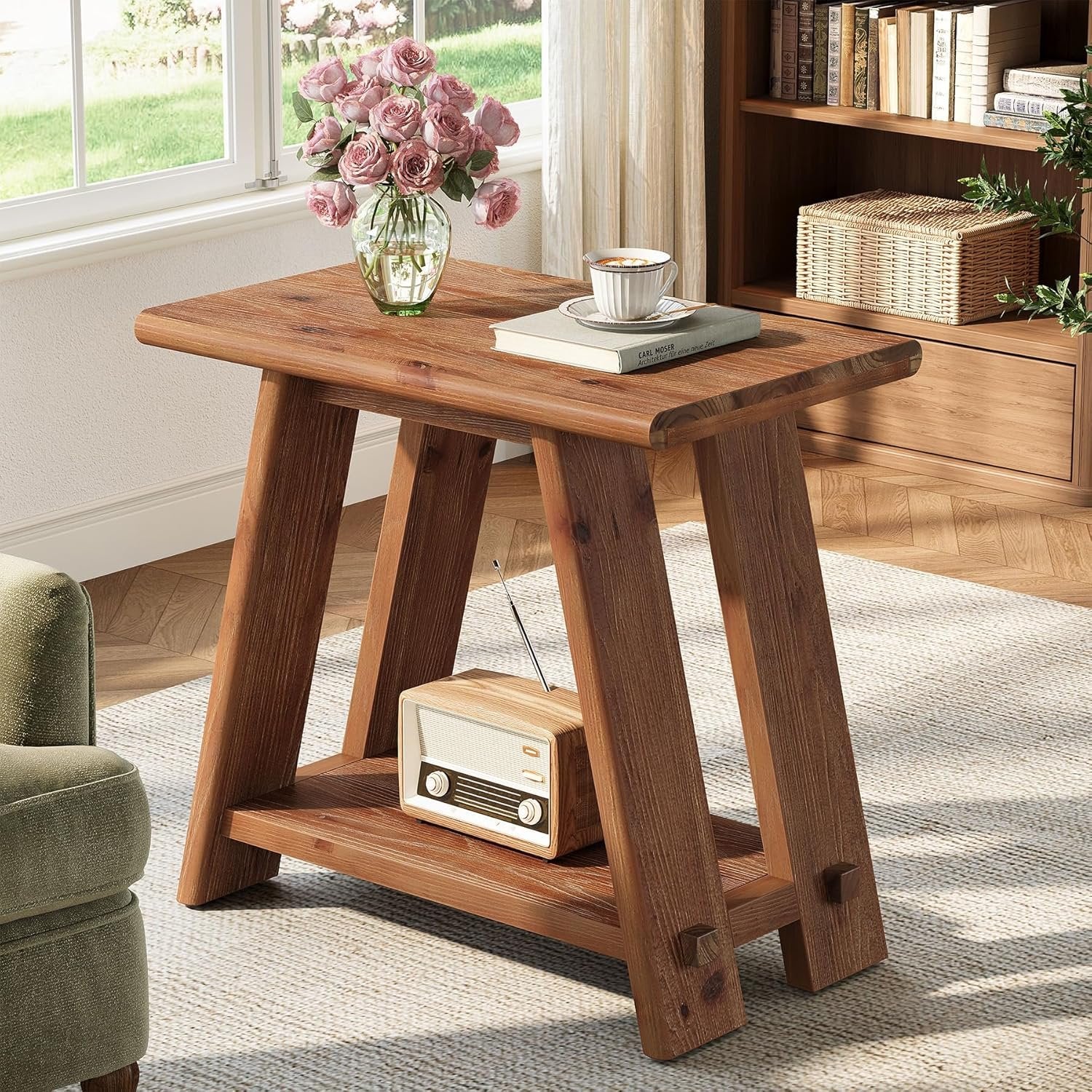 23.62" Solid Wood Side Table, Narrow End Table with 2-Tier Storage for Living Room and Bedroom