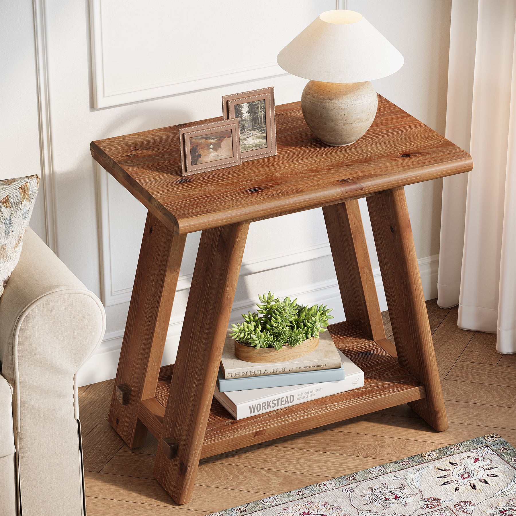 23.62" Solid Wood Side Table, Narrow End Table with 2-Tier Storage for Living Room and Bedroom