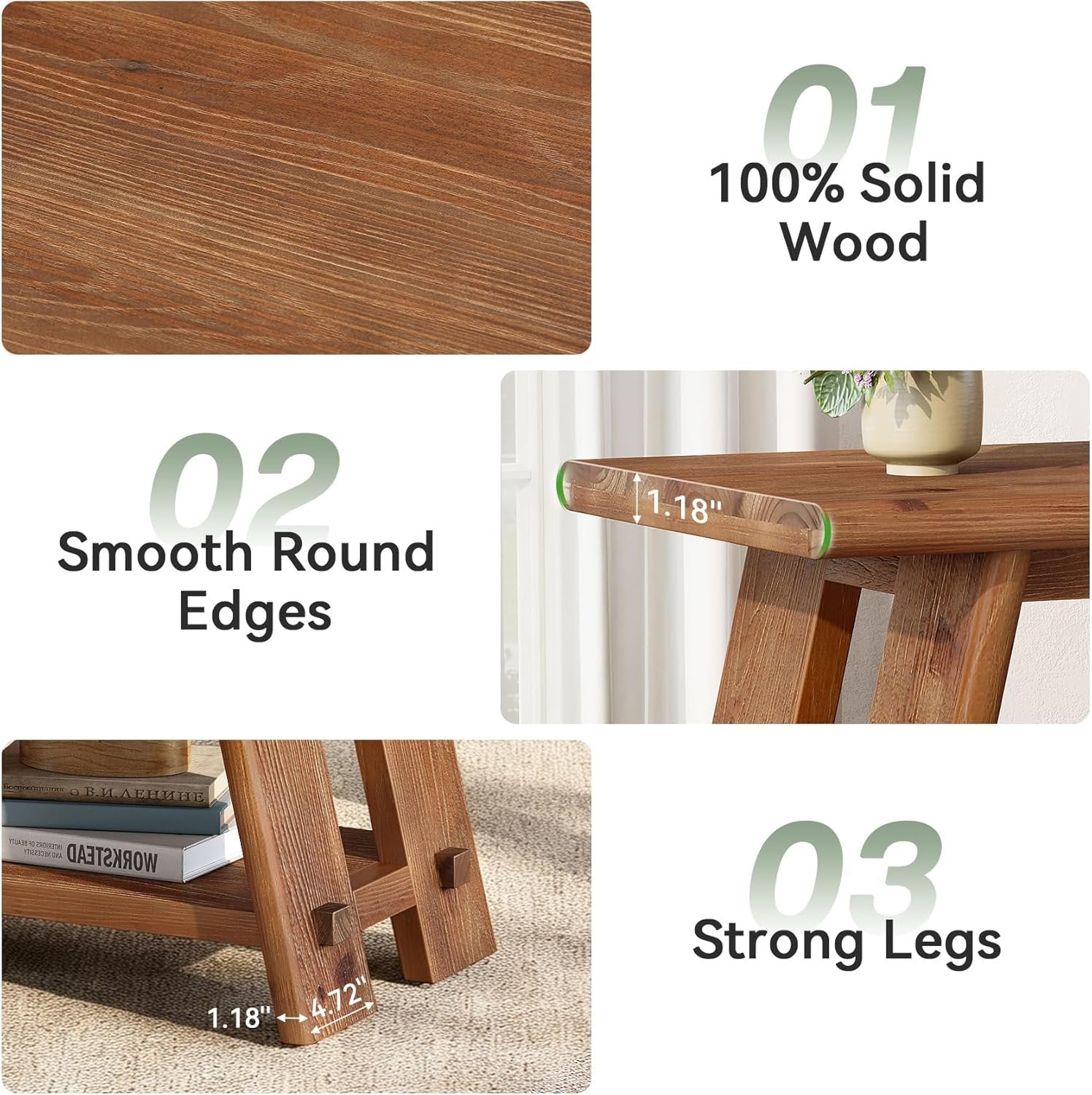 23.62" Solid Wood Side Table, Narrow End Table with 2-Tier Storage for Living Room and Bedroom