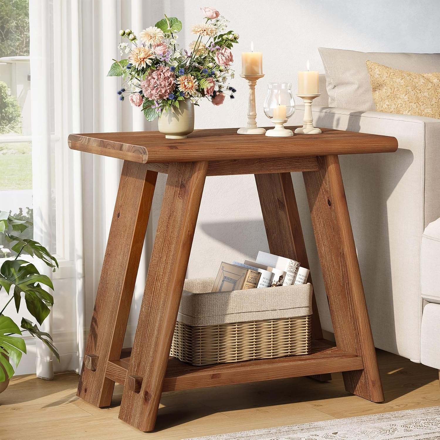 23.62" Solid Wood Side Table, Narrow End Table with 2-Tier Storage for Living Room and Bedroom