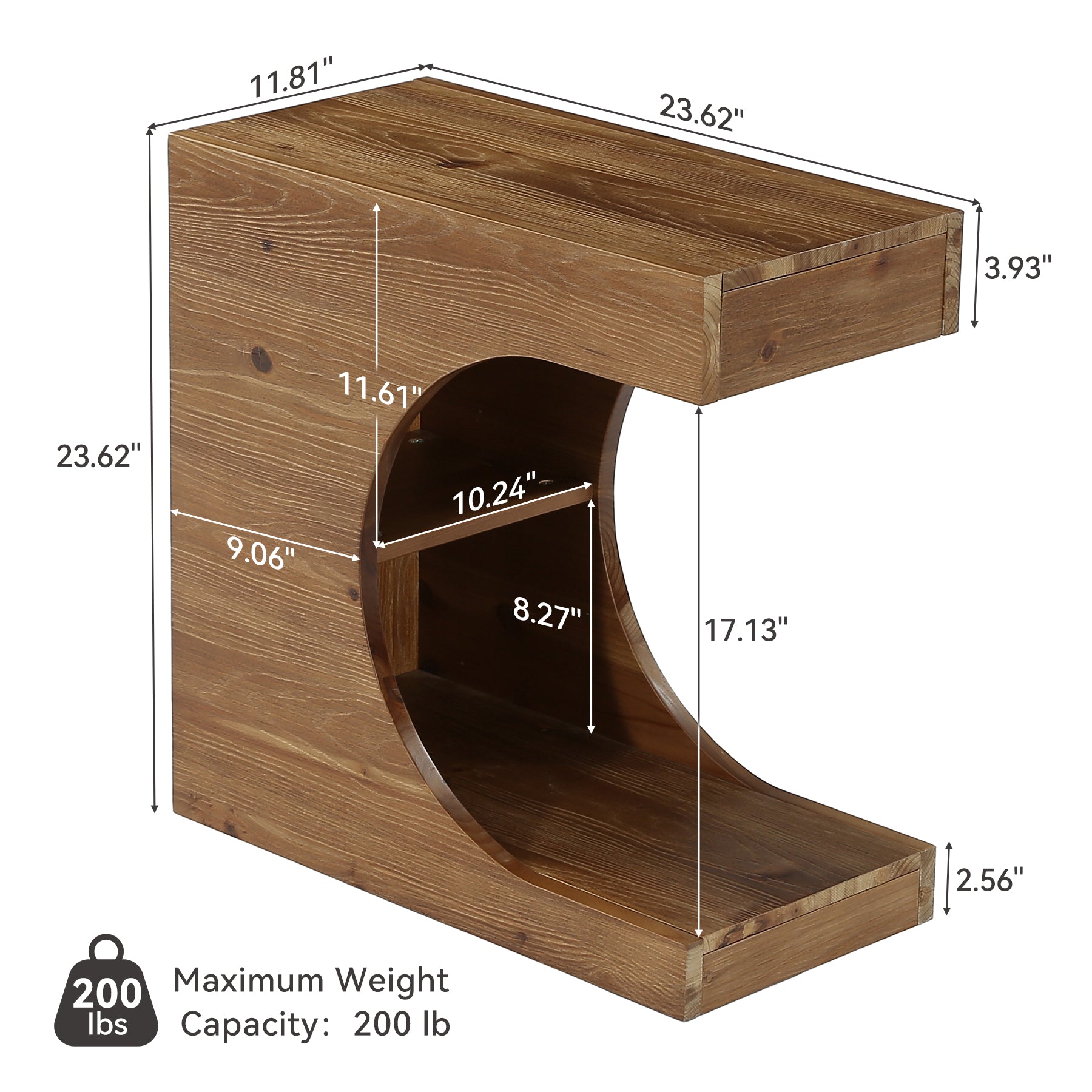 23.6" C-Shaped End Table, Modern Solid Wood Side Table Nightstand with 2-Tier Storage