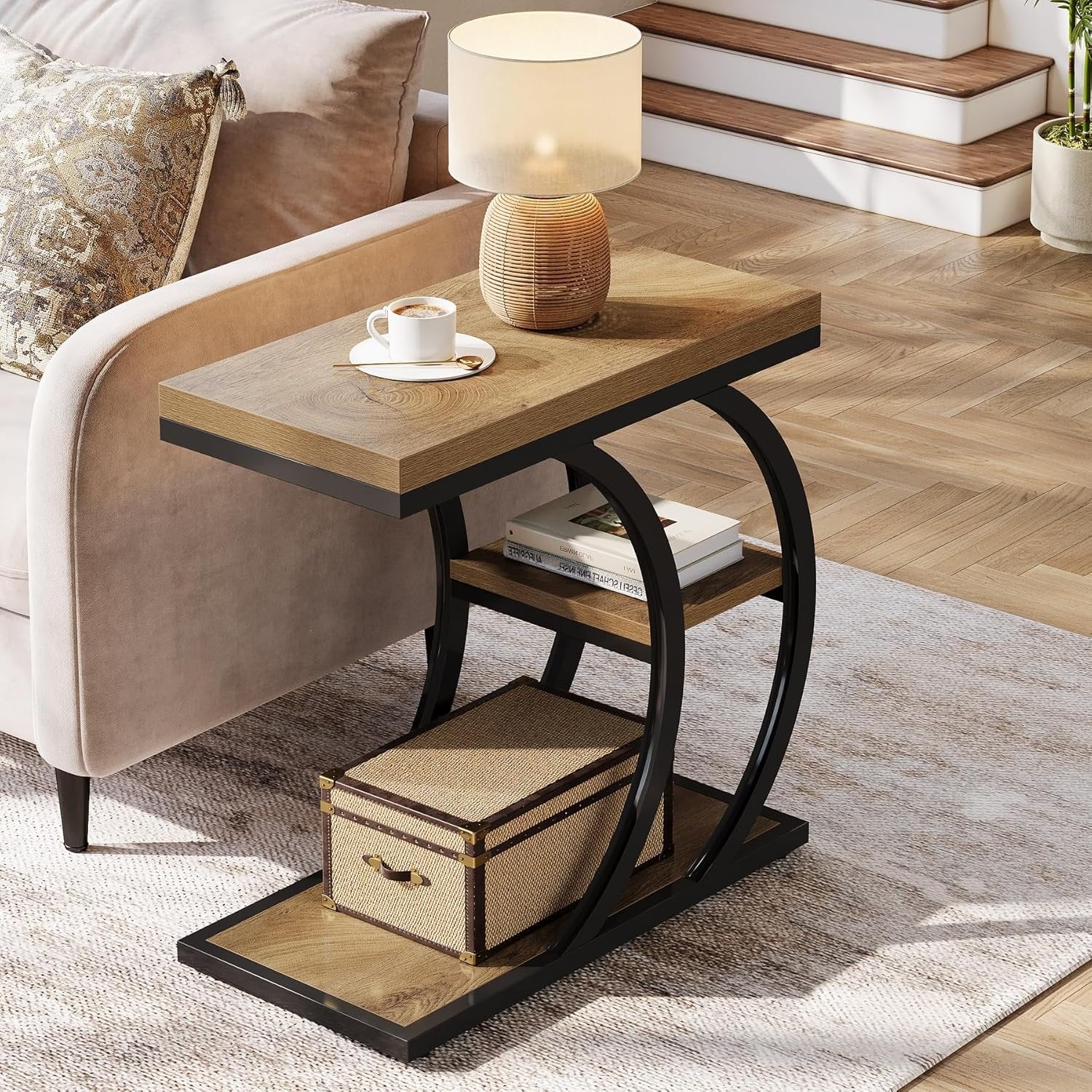 23.6" End Table, 3-Tier Couch C-Shaped Side Table with Storage