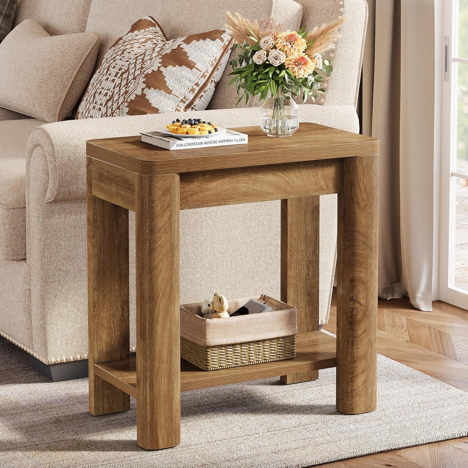 23.6" End Table, Farmhouse Wooden Side Table with Storage Shelf