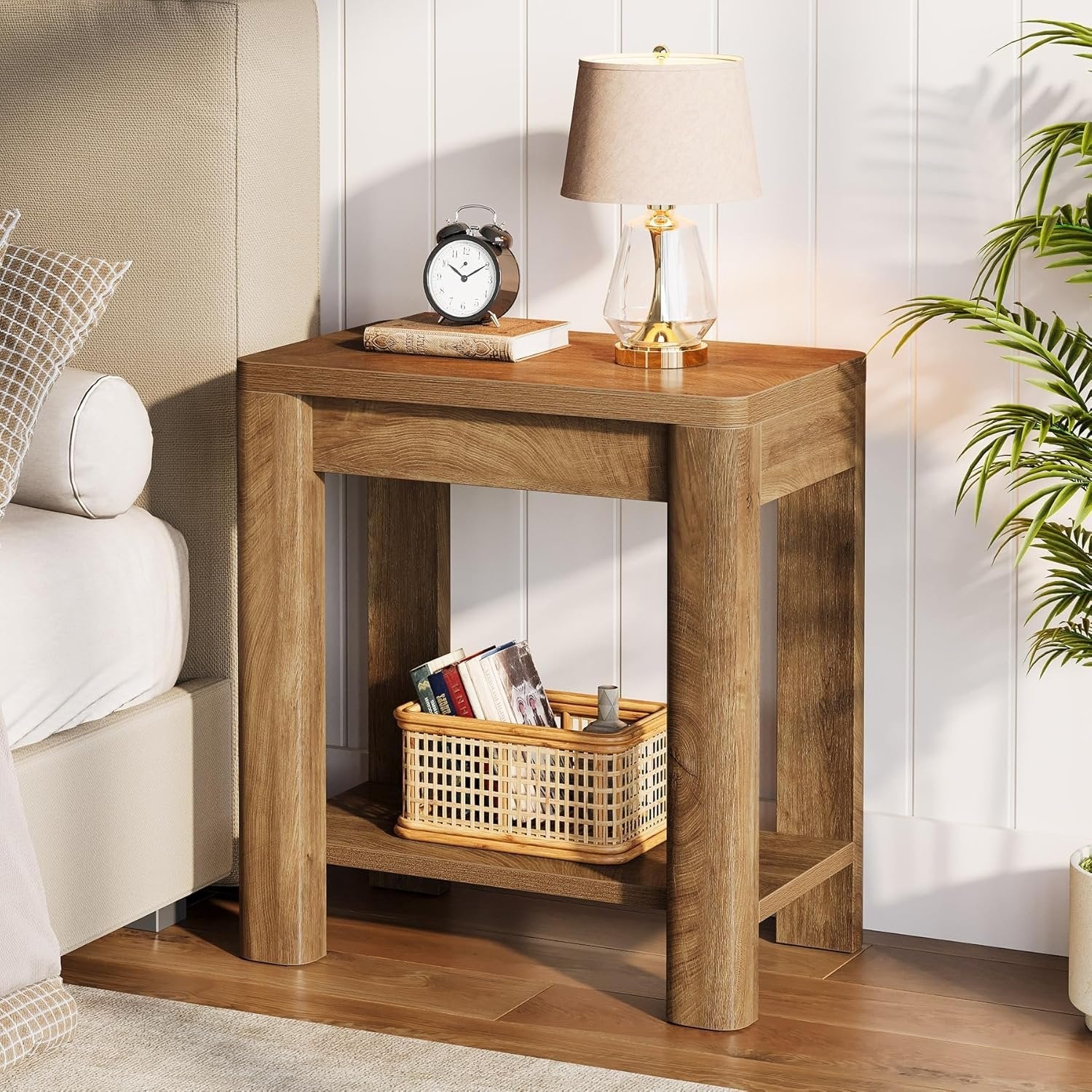 23.6" End Table, Farmhouse Wooden Side Table with Storage Shelf