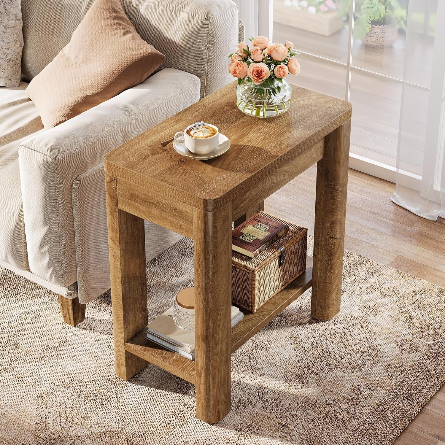 23.6" End Table, Farmhouse Wooden Side Table with Storage Shelf