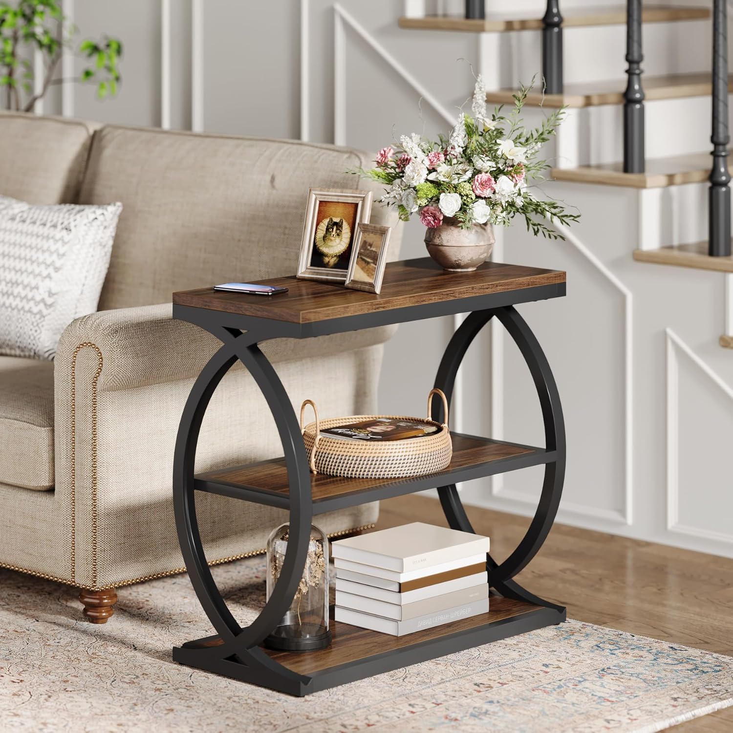 23.6" End Table, Narrow 3 - Tier Side Table with Oval Metal Frame Tribesigns