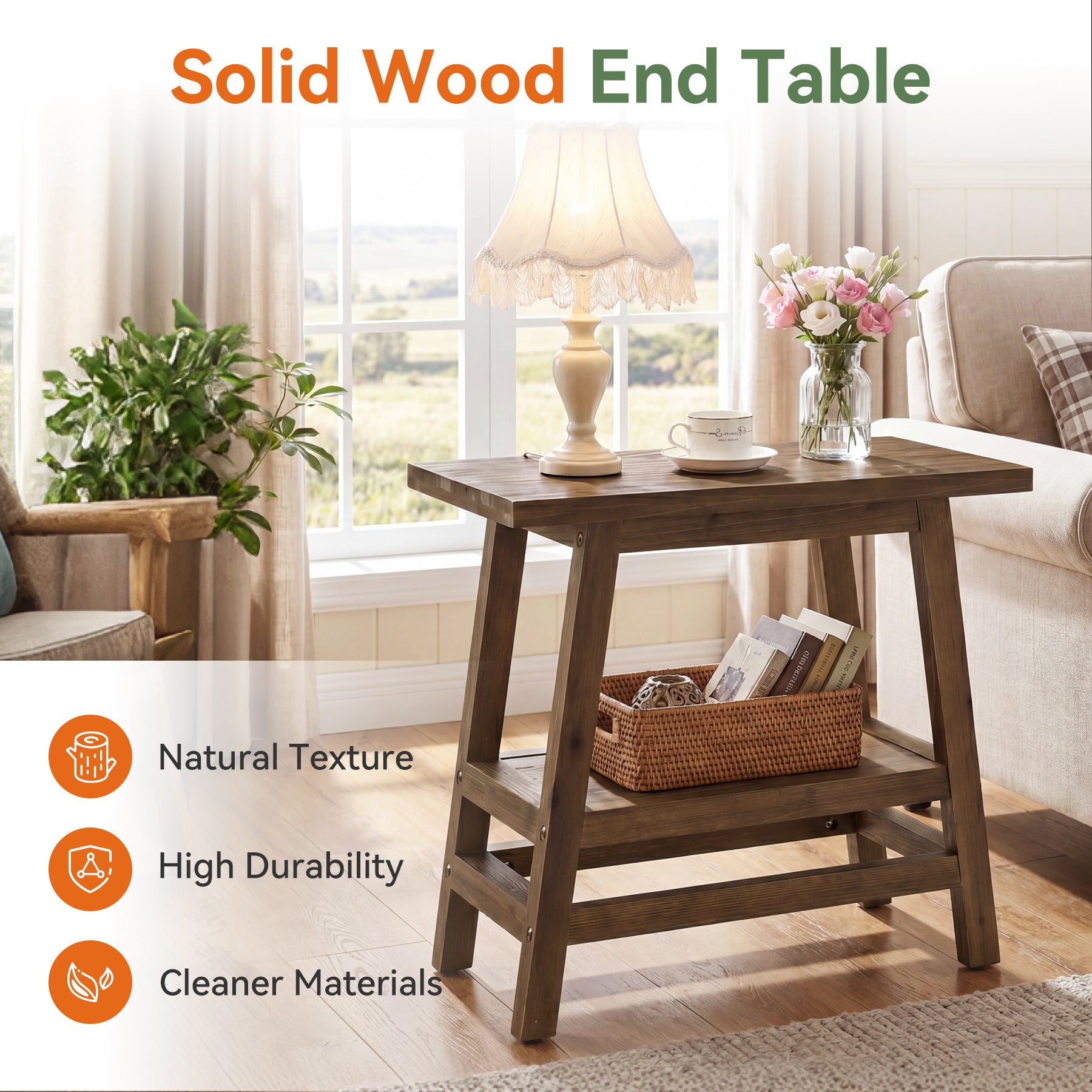2-Tier Small Side Table, Farmhouse Rectangular Nightstand for Living Room, Bedroom