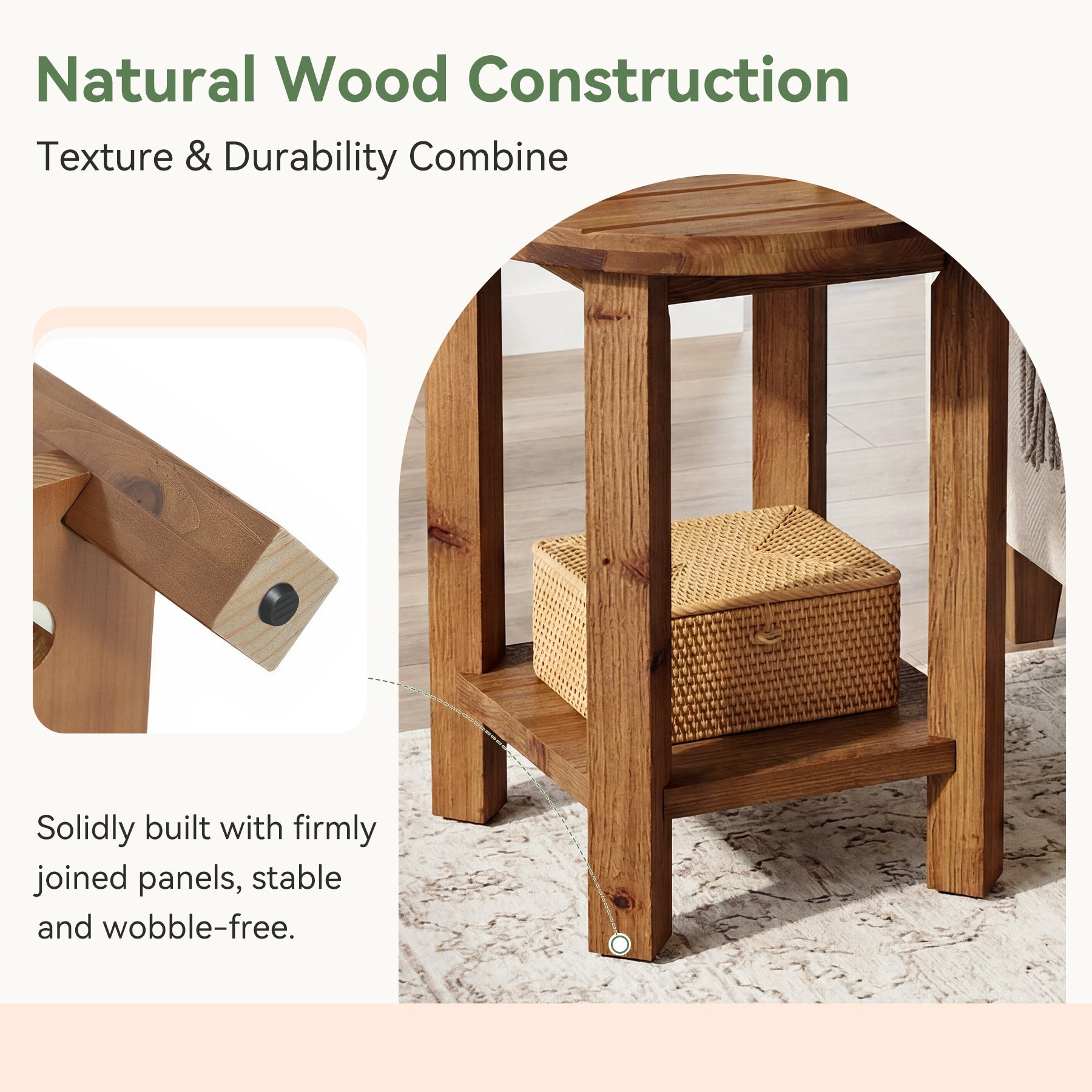 2-Tier End Table, Solid Wood Round Side Table with Grooved Textured Tabletop