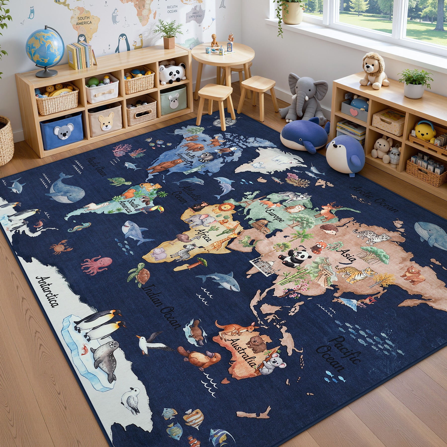 Kids Playroom Rug, Blue Washable World Map Rug – Soft Non-Slip Animal Ocean Play Mat