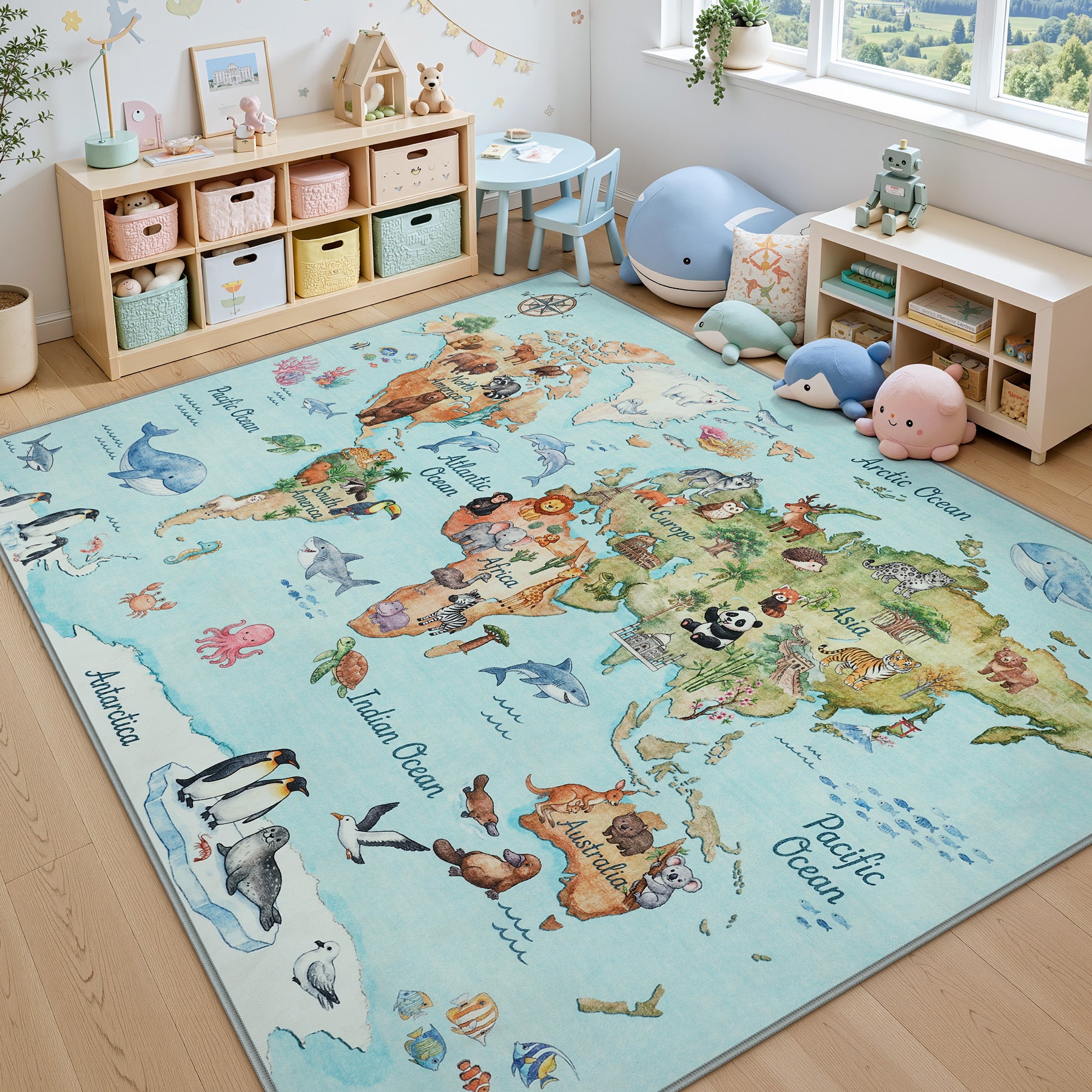 Kids Playroom Rug, Blue Washable World Map Rug – Soft Non-Slip Animal Ocean Play Mat