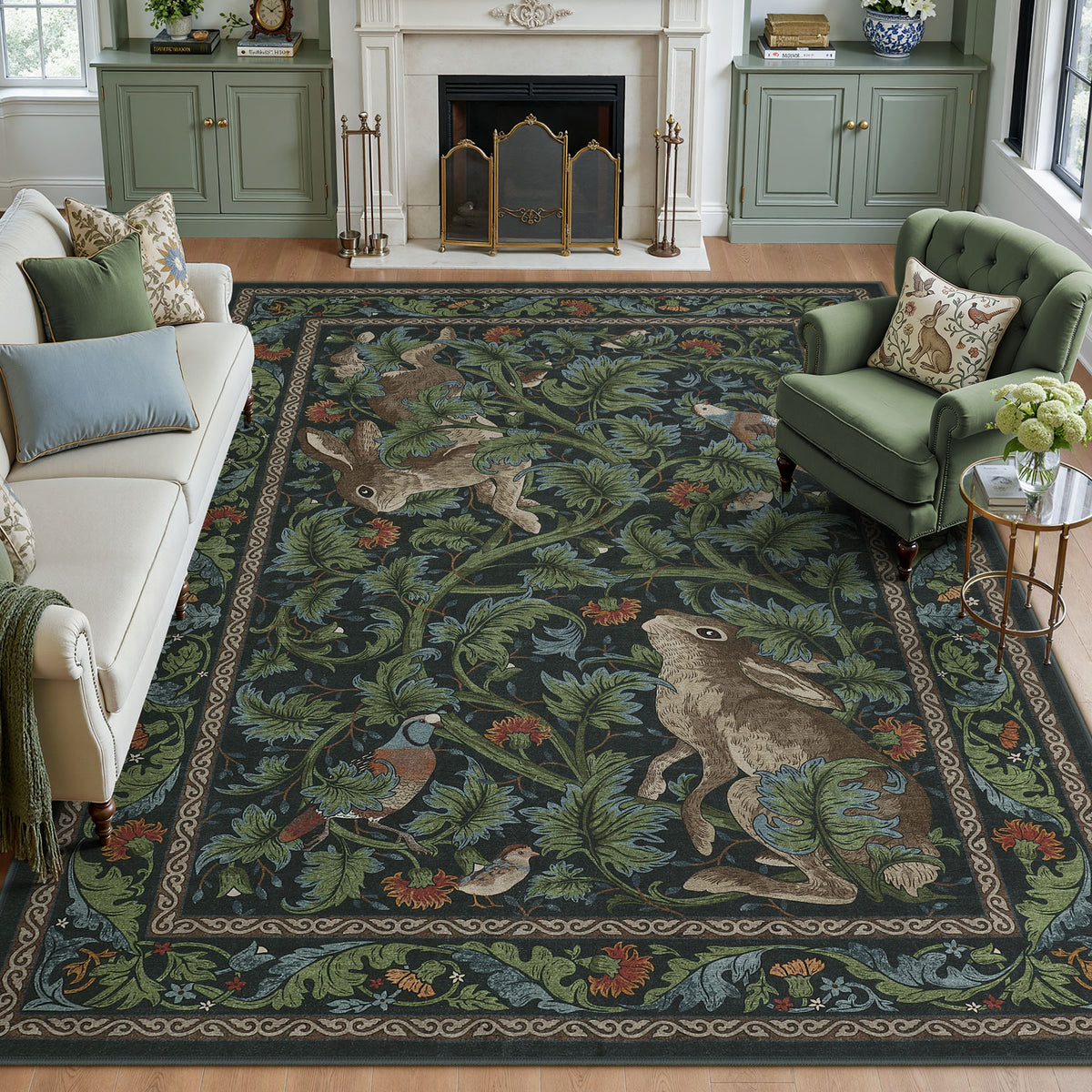 Forest Botanica Rabbit Washable Area Rug,Vintage Woodland Animal Print Low Pile Carpet
