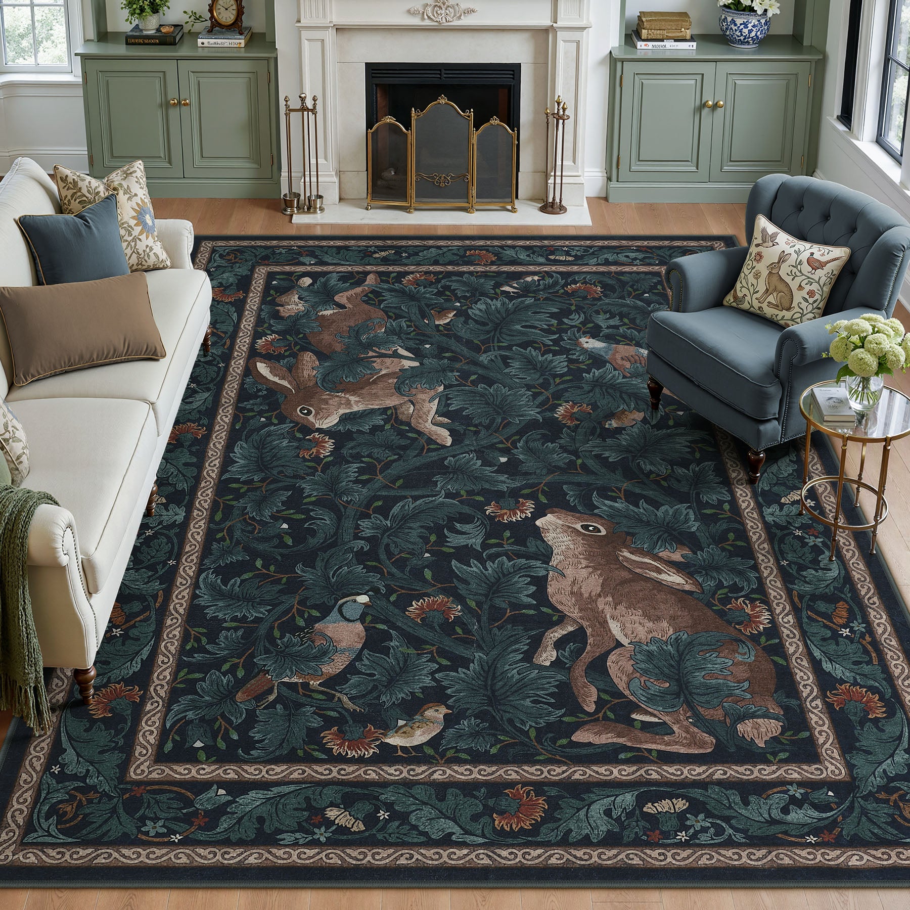 Forest Botanica Rabbit Washable Area Rug,Vintage Woodland Animal