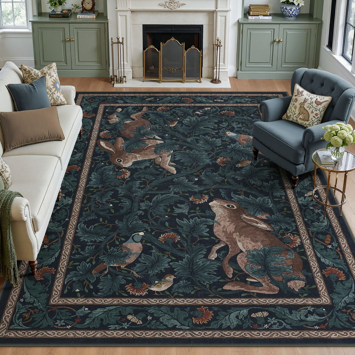 Forest Botanica Rabbit Washable Area Rug,Vintage Woodland Animal Print Low Pile Carpet