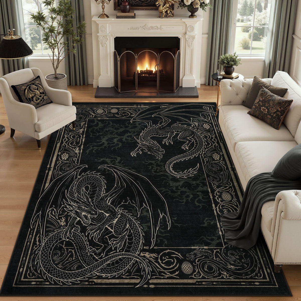 Tribesigns Washable Dragon Rug for Living Room,Non Slip Stain Resistant Indoor Carpet for Dining Room Office Home Decor
