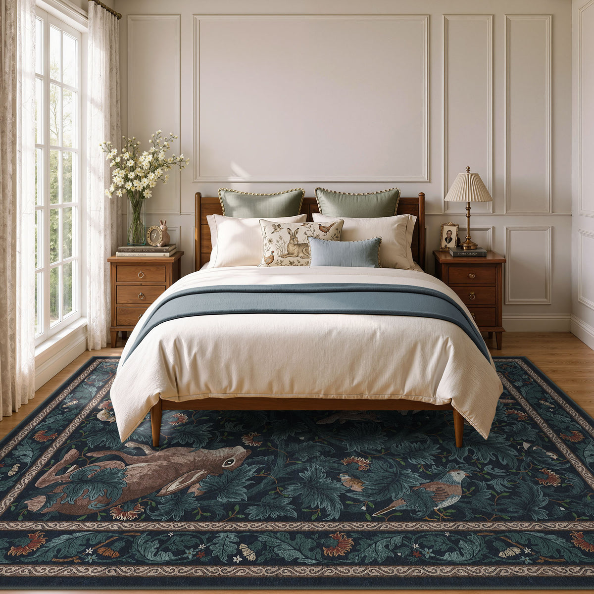 Forest Botanica Rabbit Washable Area Rug,Vintage Woodland Animal Print Low Pile Carpet
