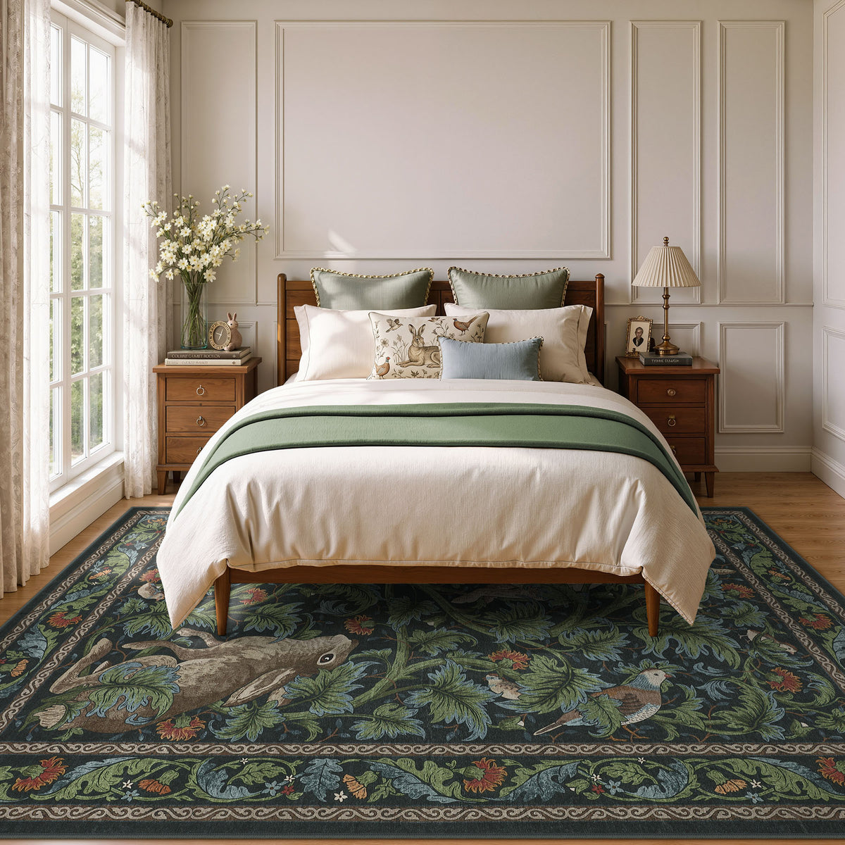 Forest Botanica Rabbit Washable Area Rug,Vintage Woodland Animal Print Low Pile Carpet