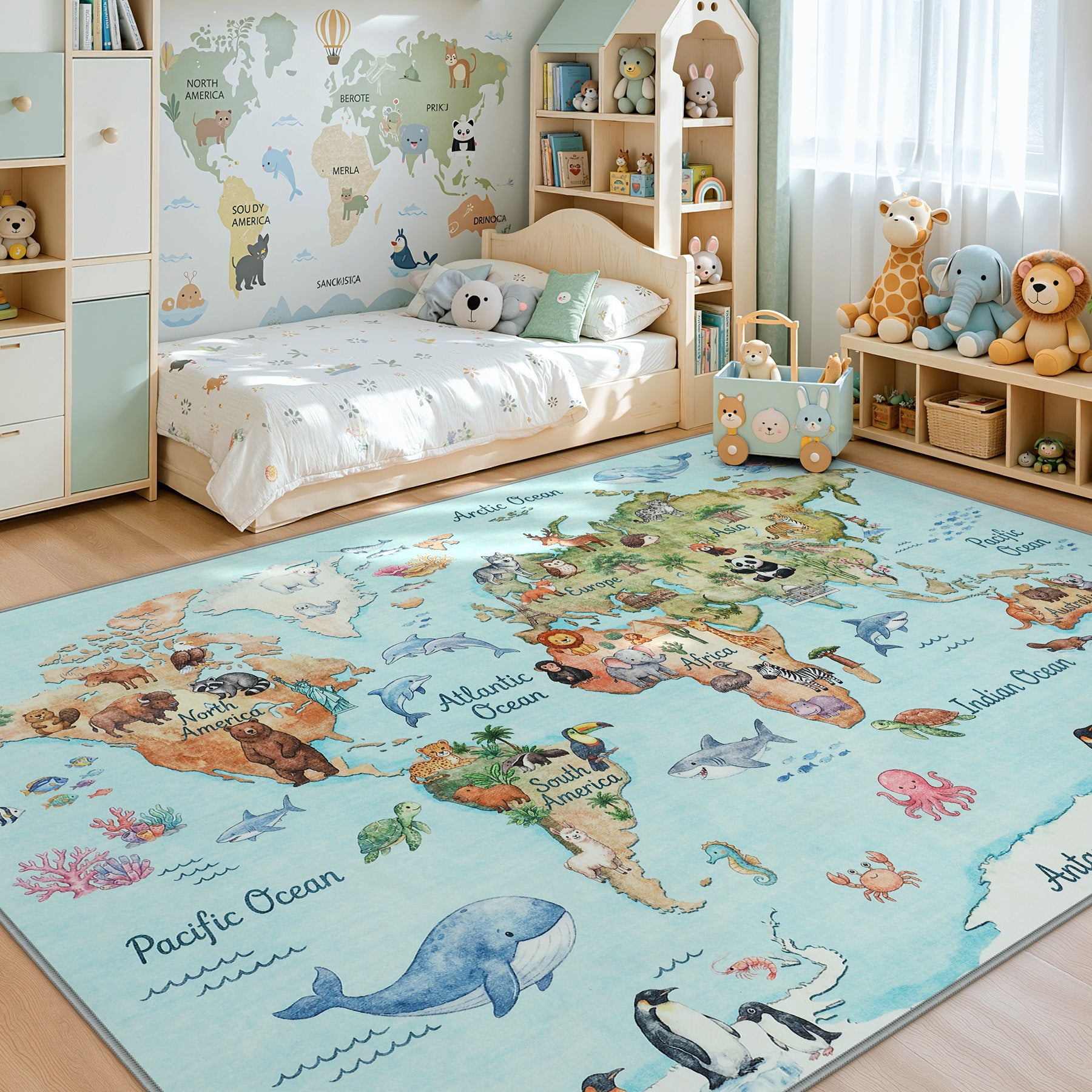 Kids Playroom Rug, Blue Washable World Map Rug – Soft Non-Slip Animal Ocean Play Mat