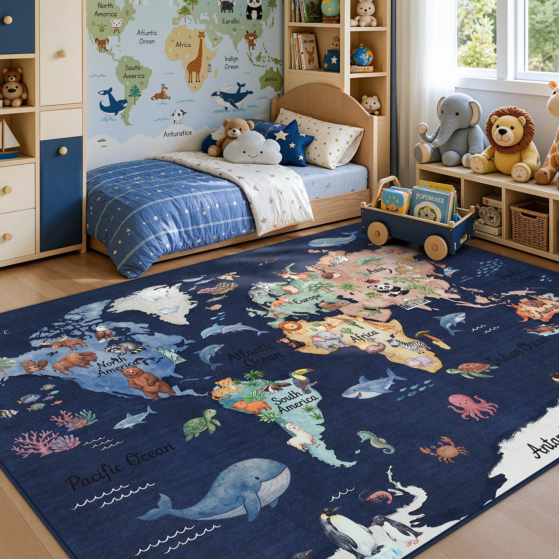 Kids Playroom Rug, Blue Washable World Map Rug – Soft Non-Slip Animal Ocean Play Mat