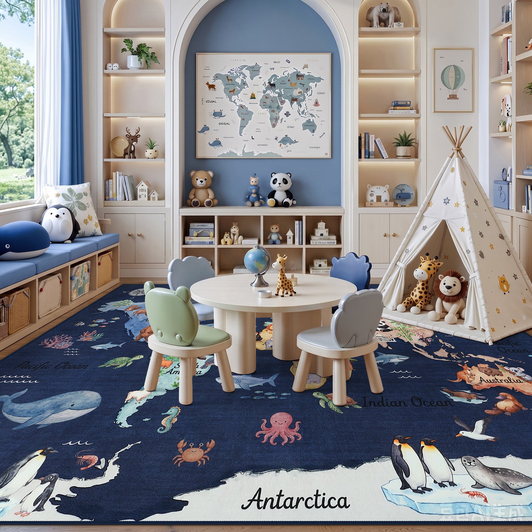Kids Playroom Rug, Blue Washable World Map Rug – Soft Non-Slip Animal Ocean Play Mat