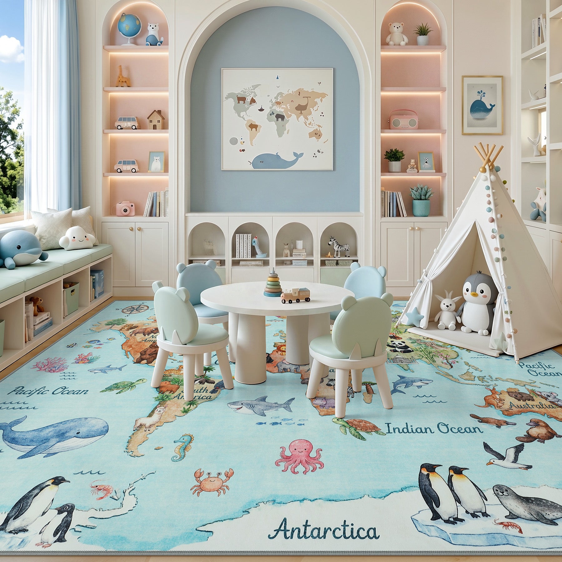 Kids Playroom Rug, Blue Washable World Map Rug – Soft Non-Slip Animal Ocean Play Mat