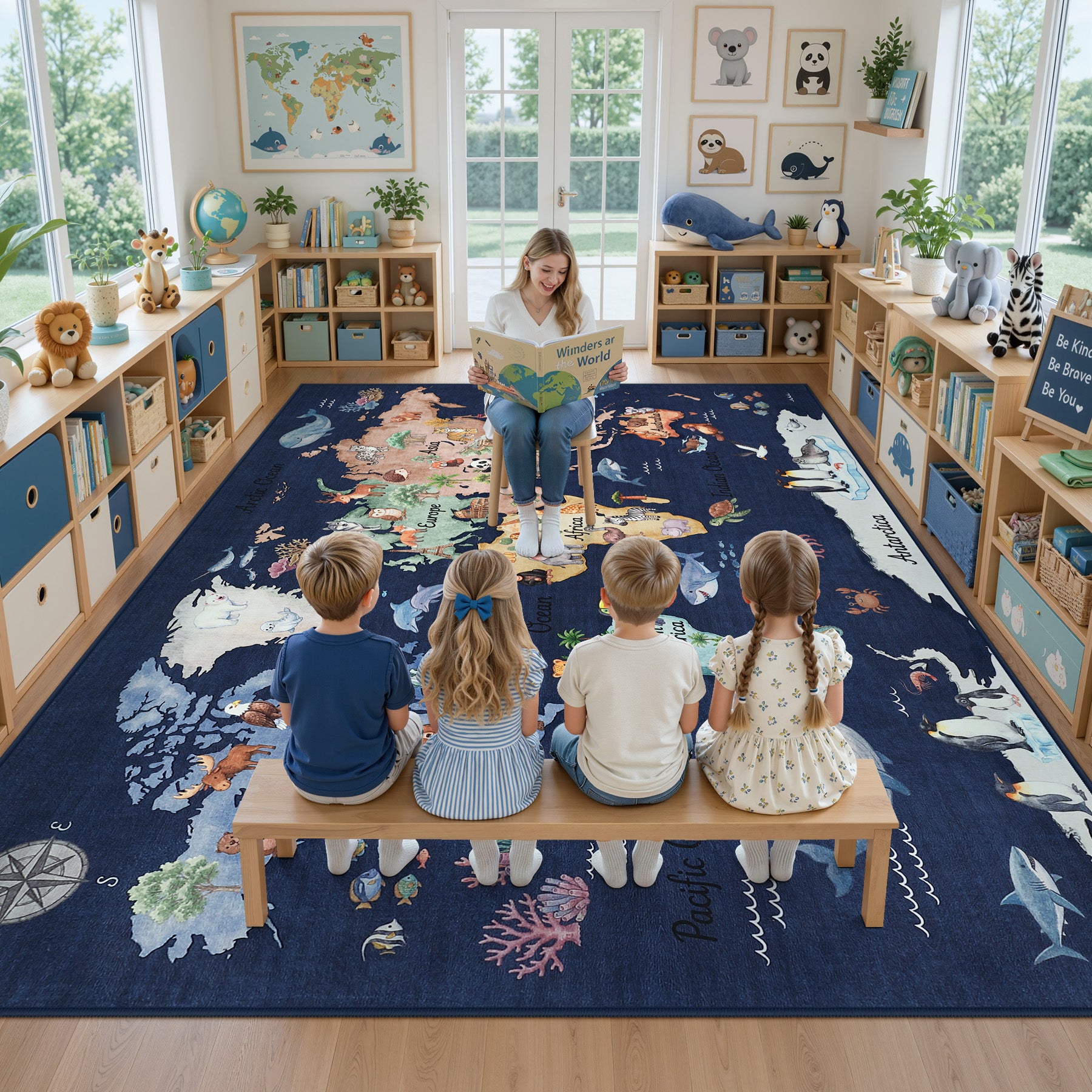 Kids Playroom Rug, Blue Washable World Map Rug – Soft Non-Slip Animal Ocean Play Mat