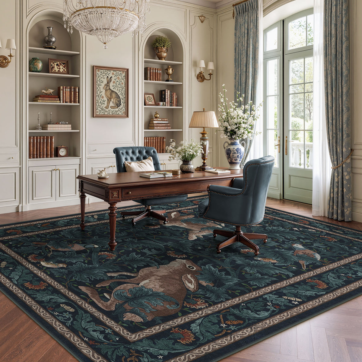 Forest Botanica Rabbit Washable Area Rug,Vintage Woodland Animal Print Low Pile Carpet