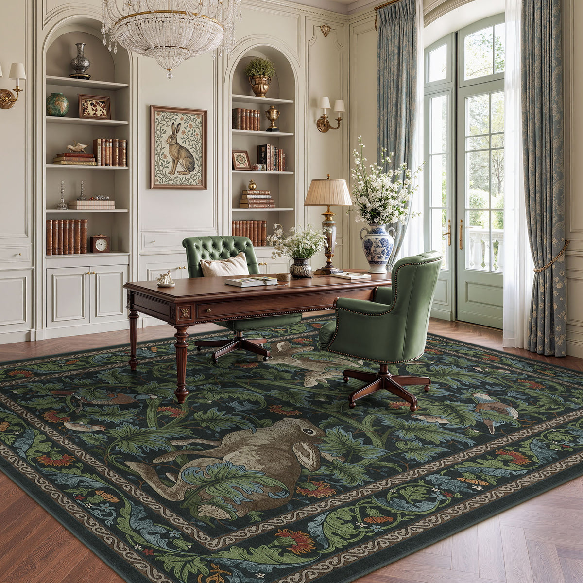 Forest Botanica Rabbit Washable Area Rug,Vintage Woodland Animal Print Low Pile Carpet